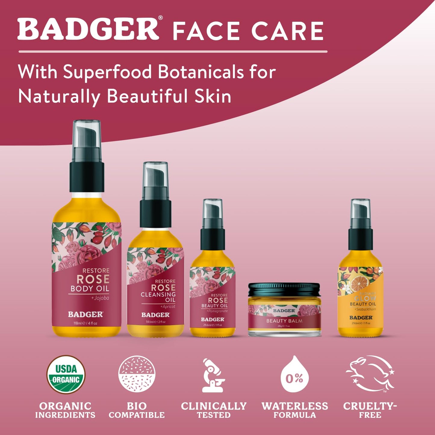 Badger Rose Face Oil, 100% Organic Face Moisturizer, Nourishing & Soothing Organic Jojoba Oil & Rose Oil, Vegan Antioxidant Rich Moisturizing Facial Beauty & Personal Care Badger