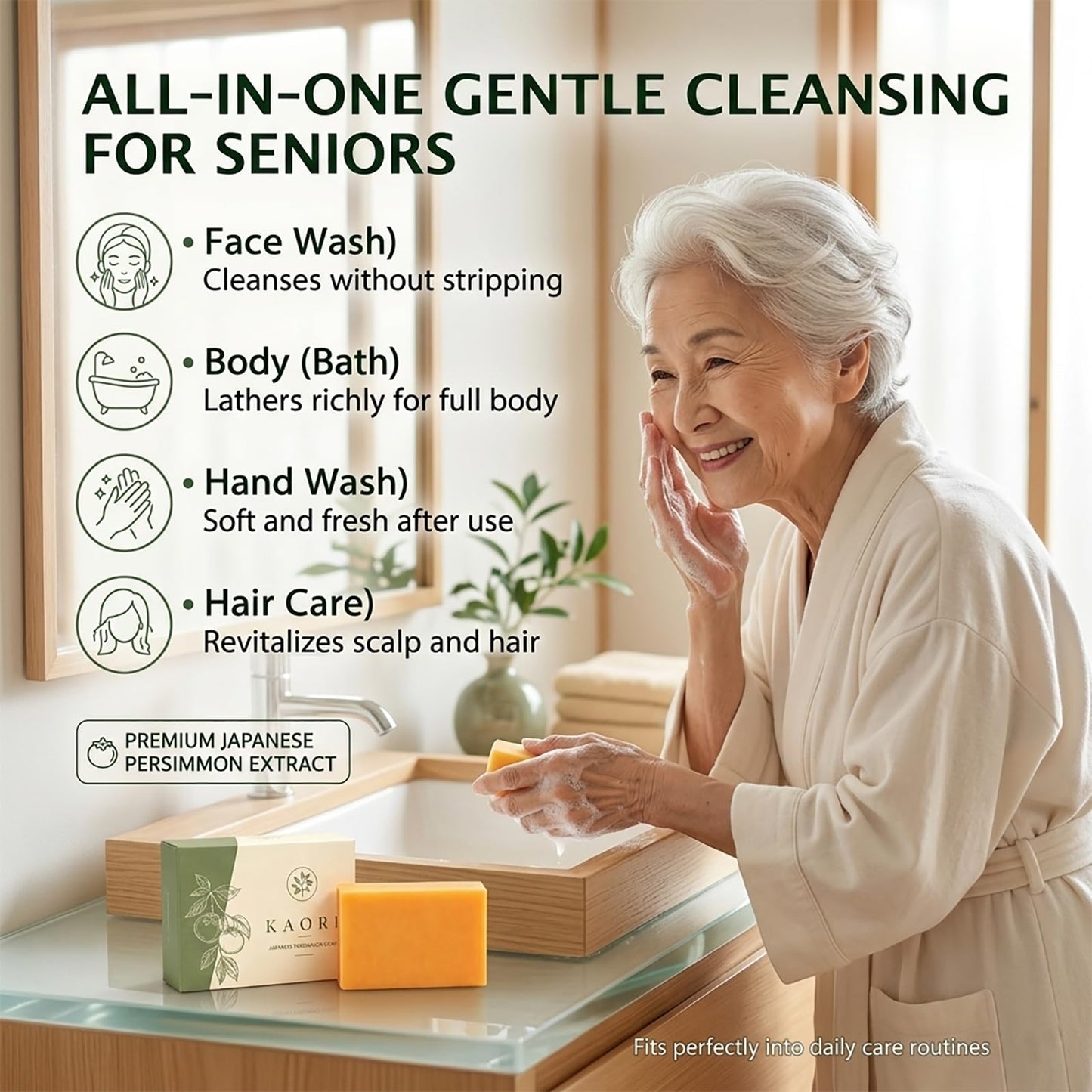Kaori Deodorizing Persimmon Soap for Old People Smell & Nonenal, Moisturizing Mature Skin, Renewing & Purifying Body Wash, Persimmon Soap for Body Beauty and Personal Care Kalani Glow