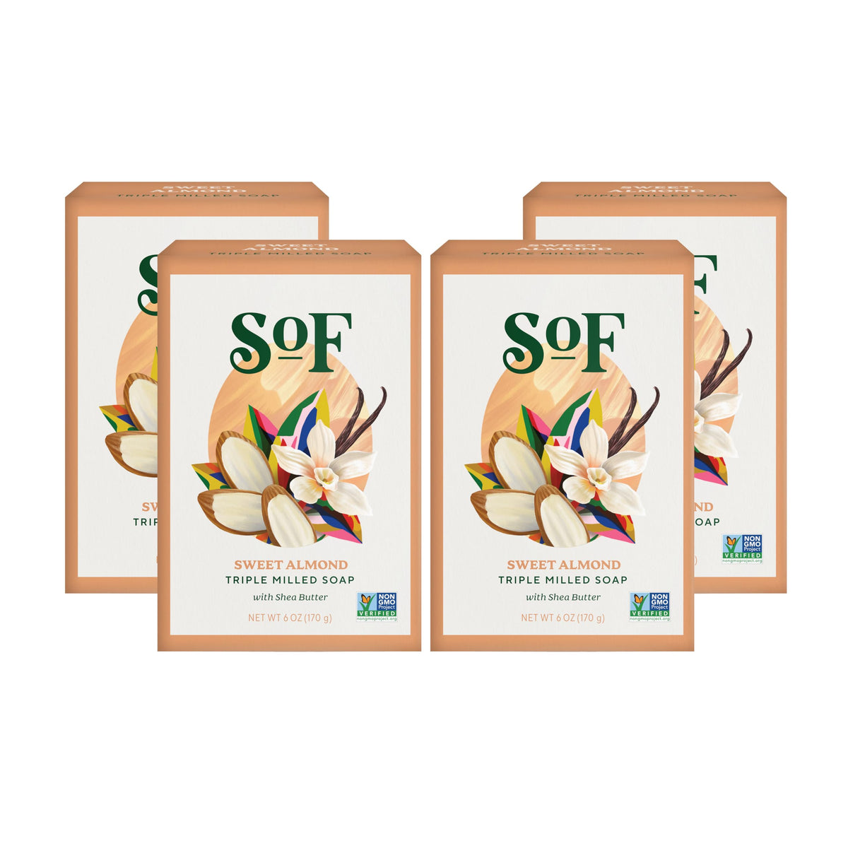 SoF Triple Milled Bar Soap - With Coconut Oil & Organic Shea Butter- Vegan & Non GMO- Free From Phthalates, Sulfates & Parabens- Sweet Almond - 6 oz Beauty & Personal Care South Of France