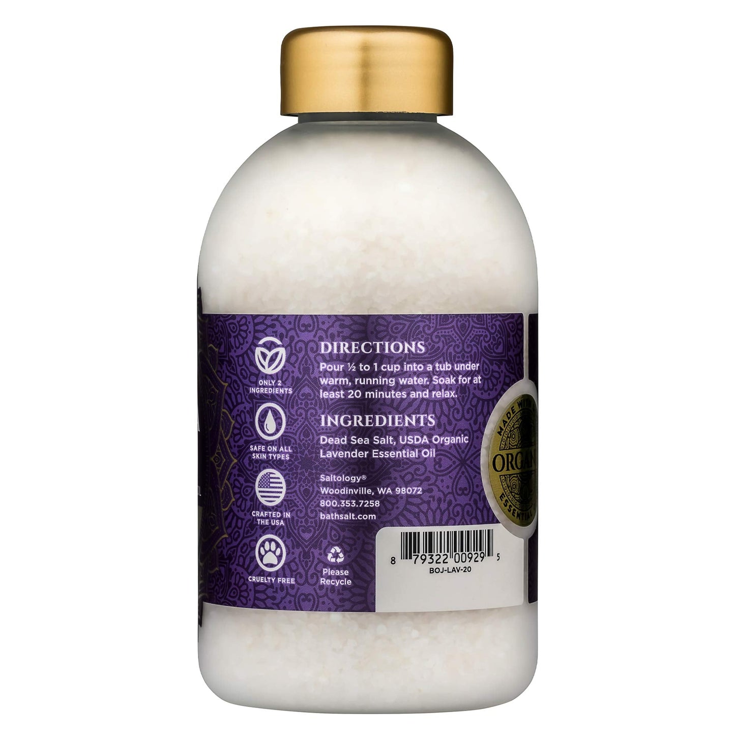 Bokek Bokek Organic Lavender Bath Salt, Dead Sea Salt Scented With Certified Organic Essential Oil, 20 Ounce Jar, White, Lavender, 20 ounces Beauty and Personal Care Bokek