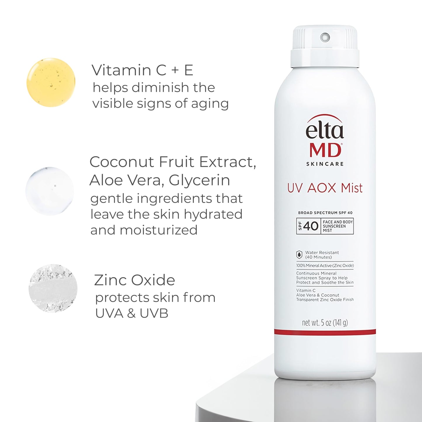 EltaMD UV AOX Mist Mineral Sunscreen Spray SPF 40, Broad Spectrum Face and Body Sunscreen with Zinc Oxide, 100% Mineral Active, Hydration Boost Beauty & Personal Care EltaMD