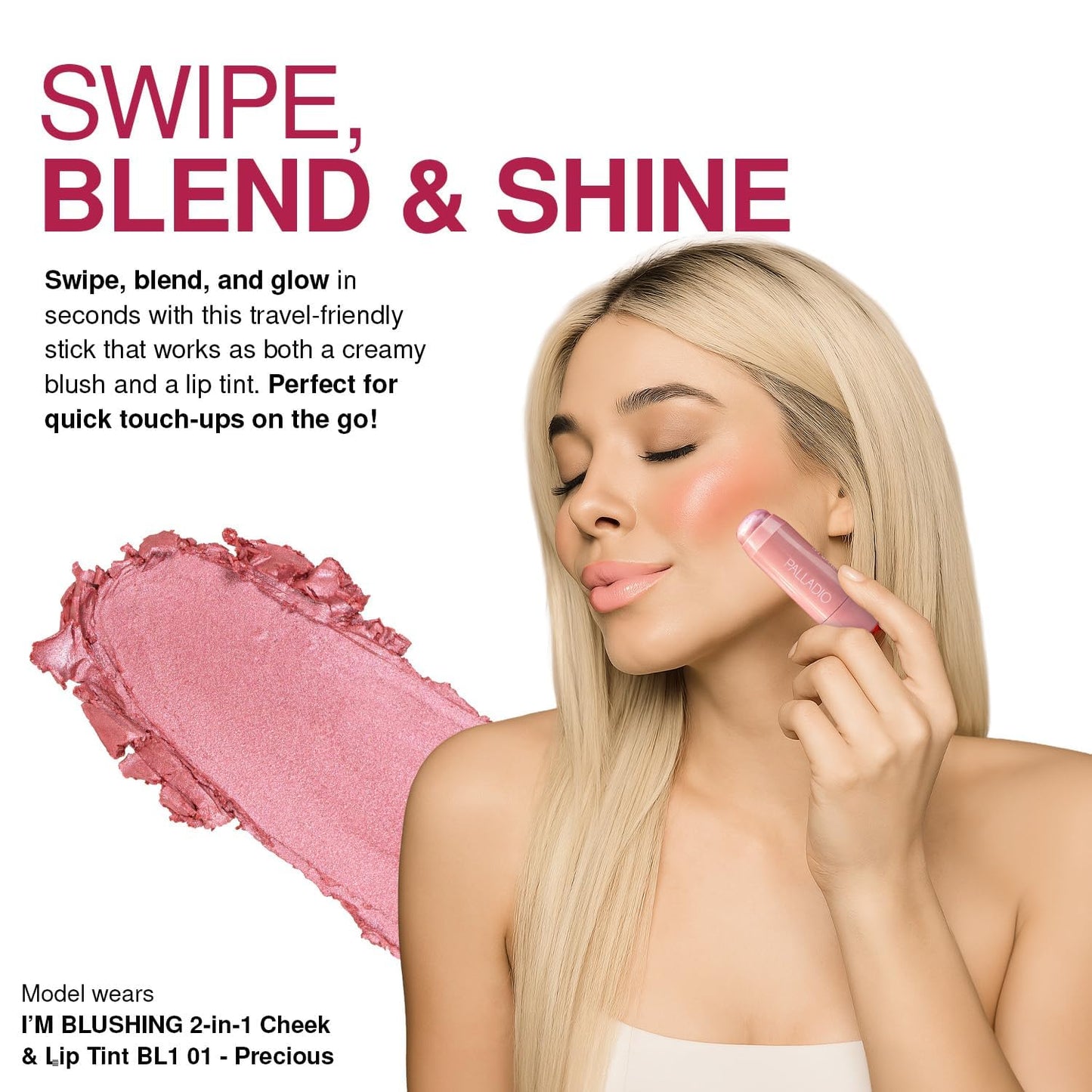 Palladio I'm Blushing 2-in-1 Cheek and Lip Tint, Buildable Lightweight Cream Blush, Sheer Multi Stick Hydrating formula, All day wear, Easy Beauty & Personal Care Palladio