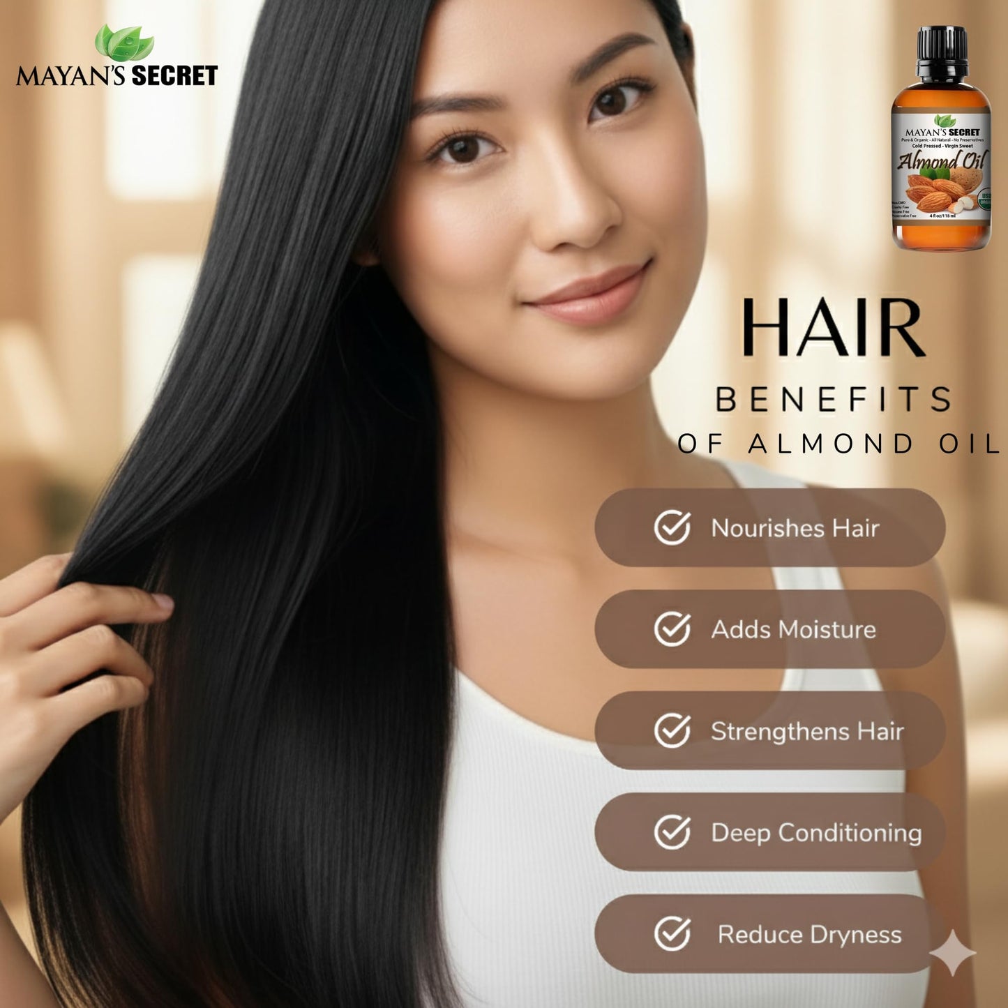 Mayan's Secret - 100% Organic Sweet Almond Oil for Skin Hair, Face - Cold Pressed Pure Almond Essential Oil (4 fl. oz.) Beauty & Personal Care Mayan's Secret