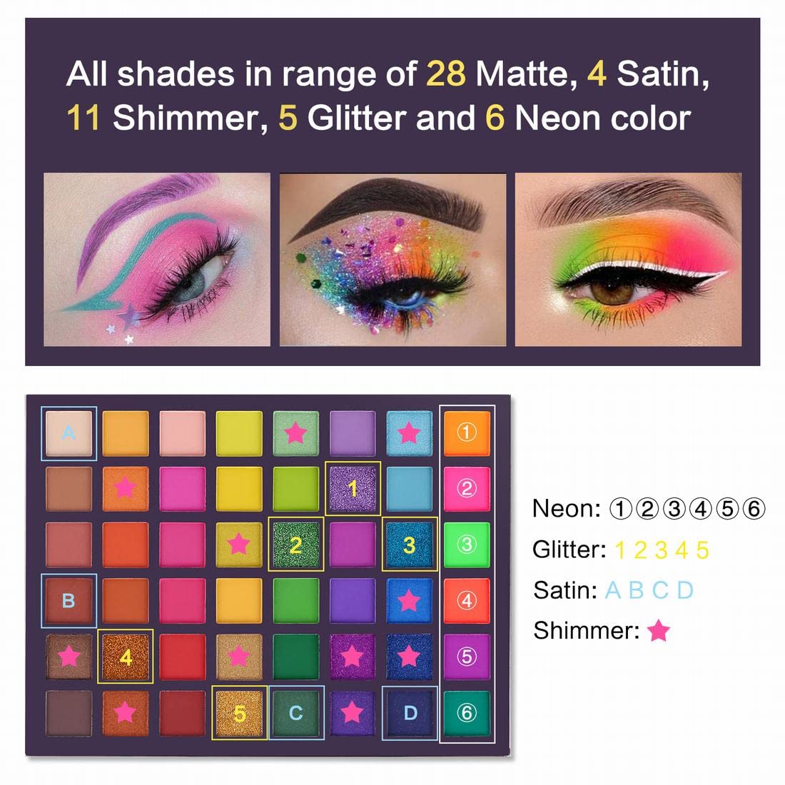 UCANBE EXOTIC FLAVORS Neon Eyeshadow Makeup Palette - 48 Colorful High Pigmented - Rainbow Matte Shimmer Glitter Eye Shadow Make Up Pallet Gift Set Beauty & Personal Care UCANBE