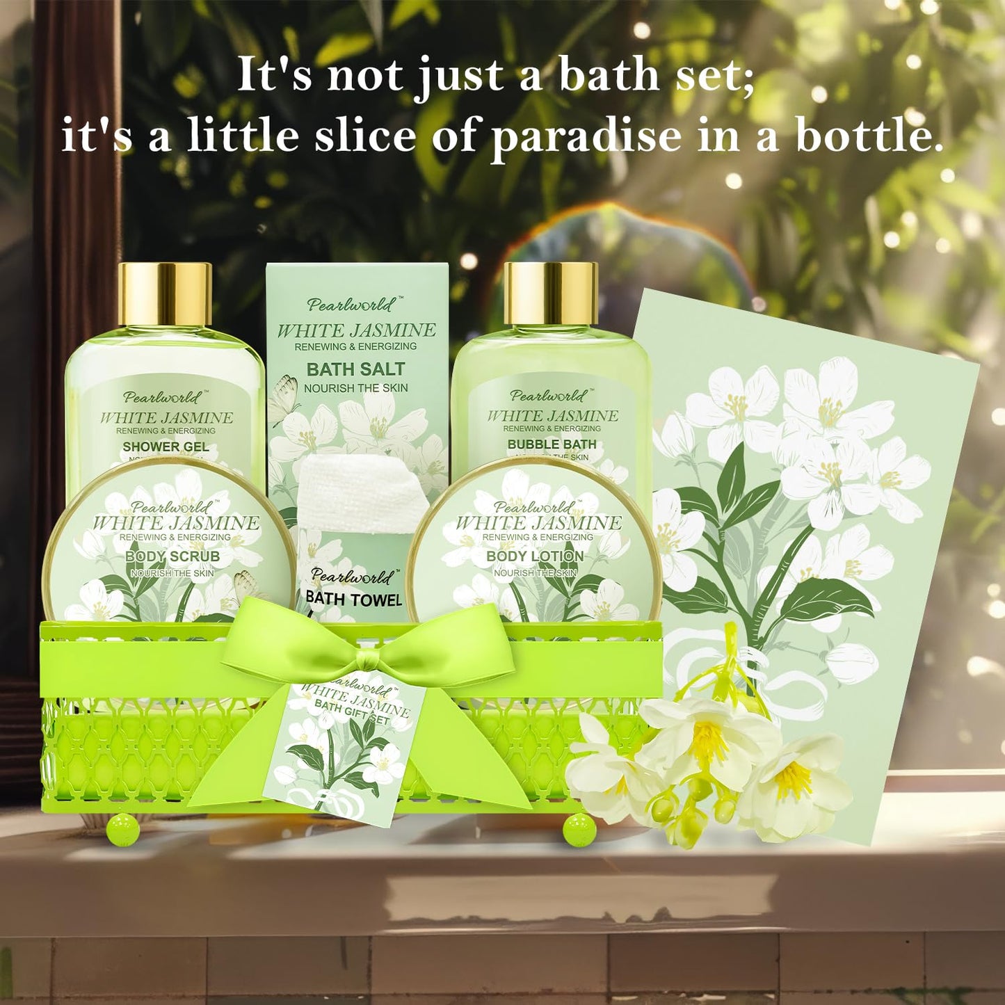 Bath Gift Baskets for Women, 9pc Jasmine Spa Gifts Set for Women, Self Care & Body Relaxing, Birthday Gift Basket, Mother's Day Gifts, Christmas Beauty and Personal Care PEARLWORLD