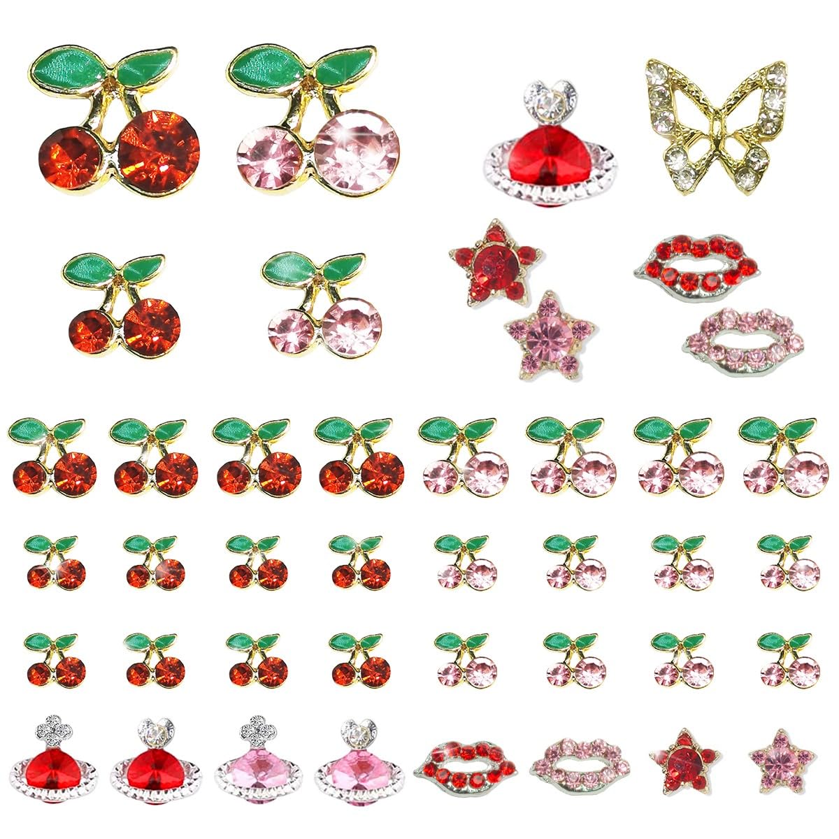 qiipii 42 Pcs 3D Cherry Nail Charms Heart Planet Star Lips Valentines Day Charms for Nails Kawaii Nail Rhinestones Gems Studs Cute Shiny Diamonds
