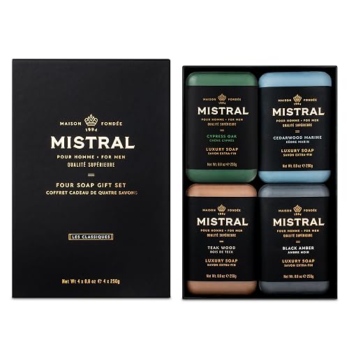 Mistral Men’s Luxury Bar Soap for Men | Gift Set (4 x 8.8 oz) - Cypress Oak, Cedarwood Marine, Teak Wood, Black Amber | Moisturizing, Triple-Milled Beauty & Personal Care Mistral