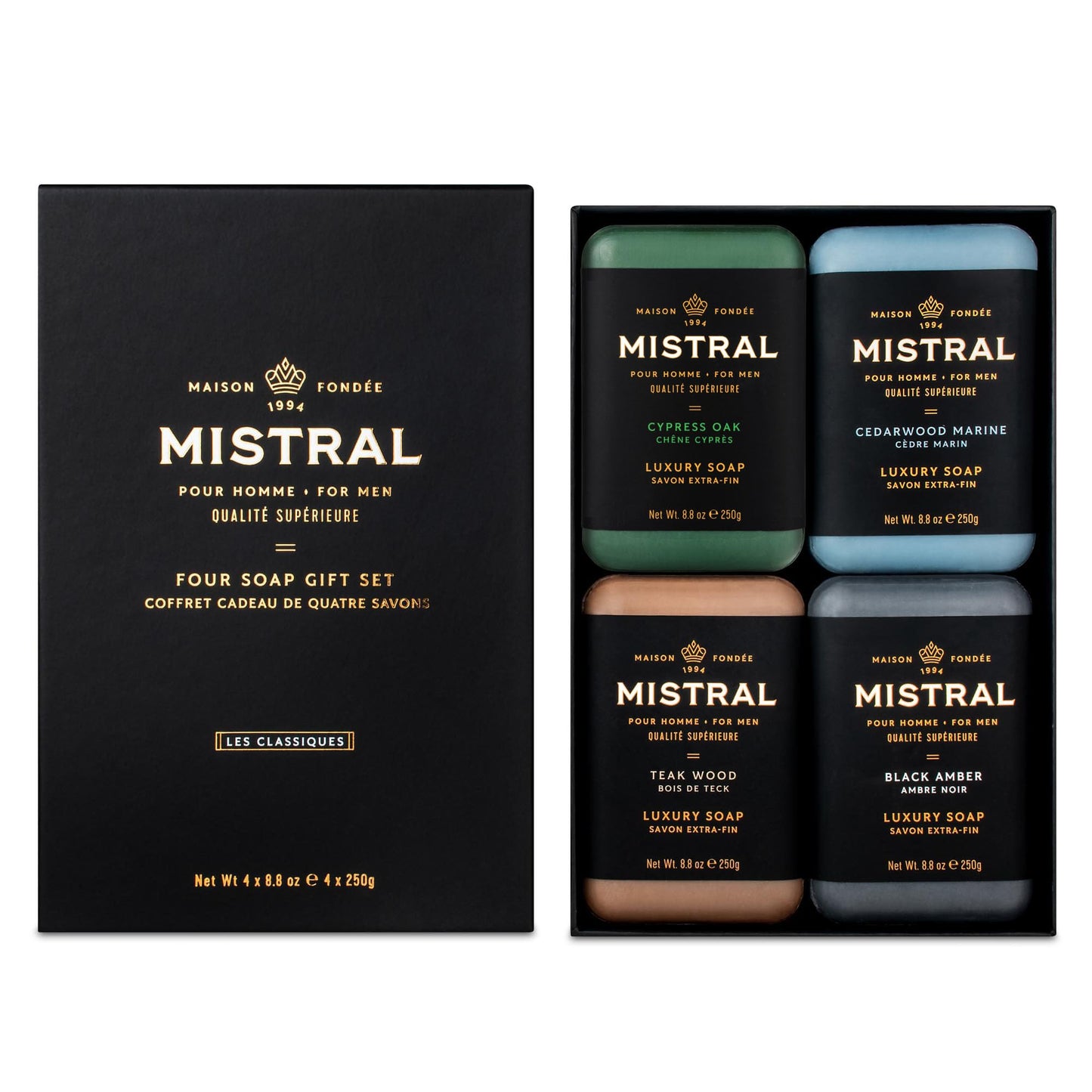 Mistral Men’s Luxury Bar Soap for Men | Gift Set (4 x 8.8 oz) - Cypress Oak, Cedarwood Marine, Teak Wood, Black Amber | Moisturizing, Triple-Milled Beauty & Personal Care Mistral