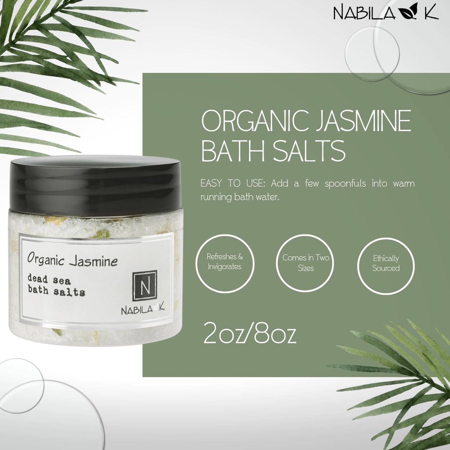 Organic Jasmine Bath Salts for Women & Men - Dead Sea Salt & Epsom Salt Soak and Scrub - Organic Jasmine Buds & Sambac Extract, Cruelty-Free Beauty and Personal Care Nabila K