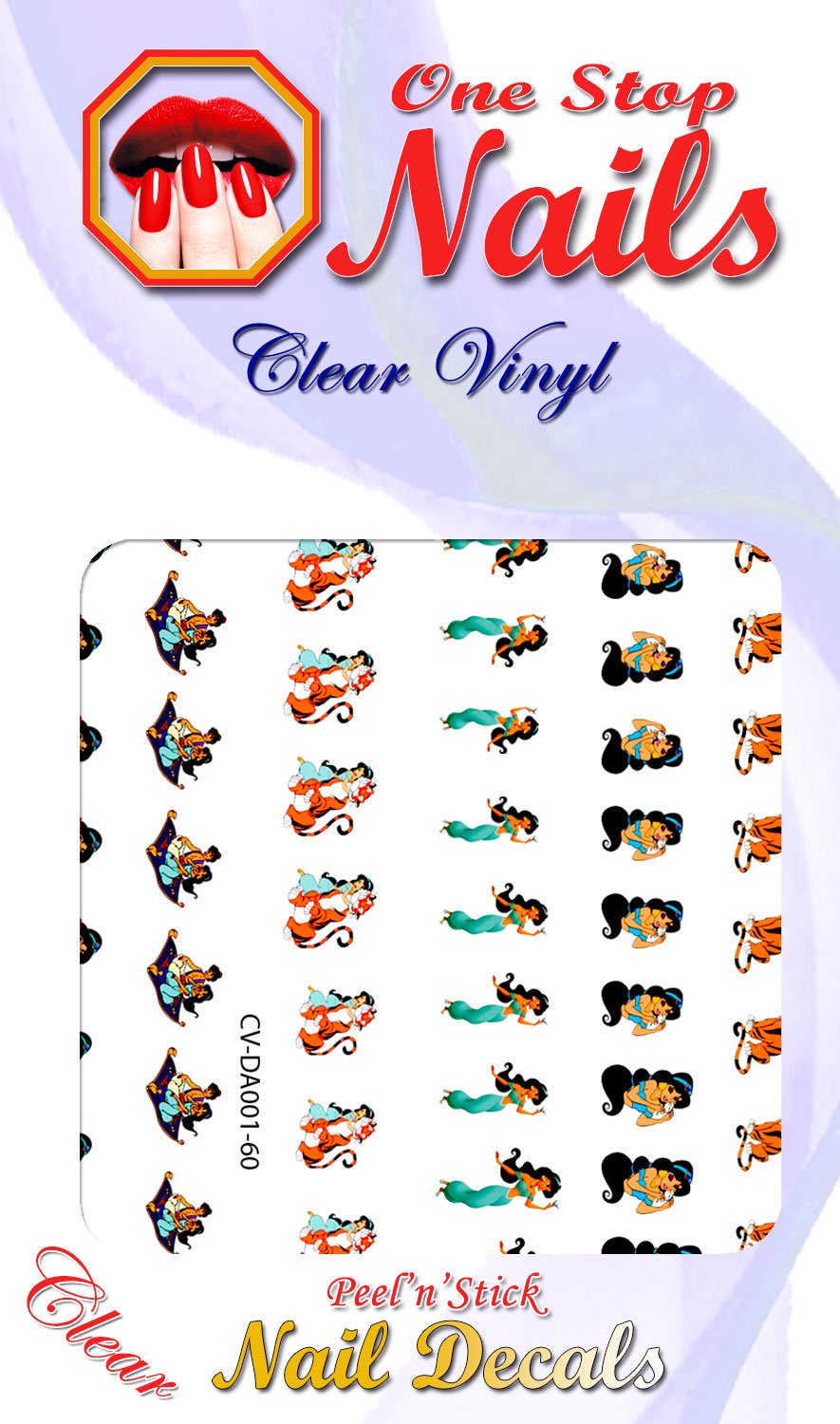 Princess Jasmine and Aladdin clear vinyl Peel and Stick (NOT Waterslide) nail art decals/stickers. Set of 60 by One Stop Nails.
