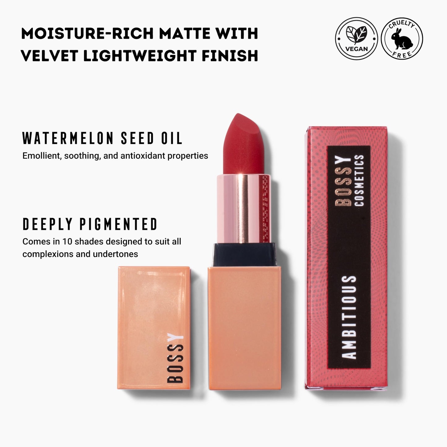 Bossy Cosmetics Vegan Lipstick for Women, Matte, Long Lasting, Hydrating Lip Stick with Vitamin E and Watermelon Seed Oil, Vegan Makeup, Paraben Beauty & Personal Care Bossy Cosmetics