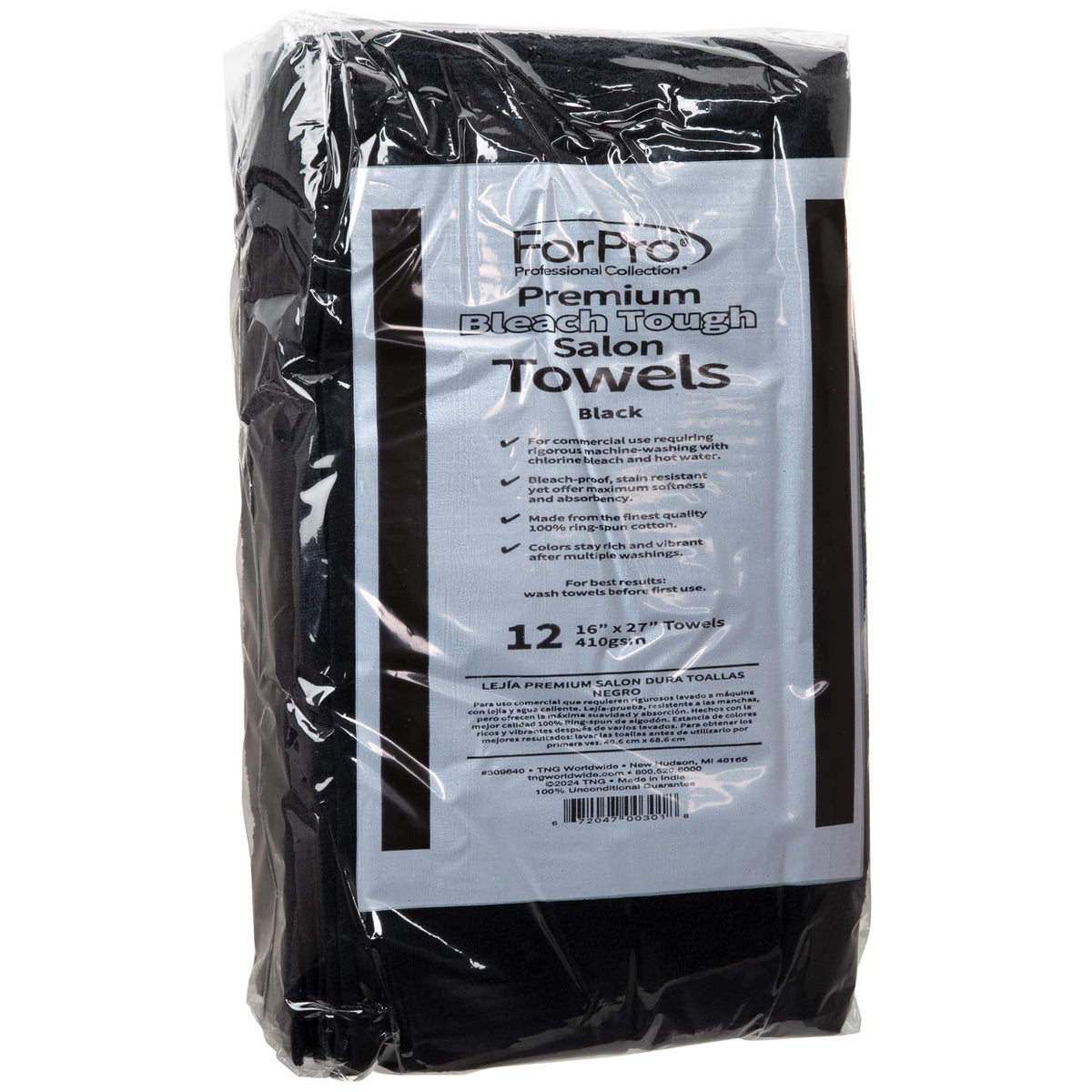ForPro Premium Bleach Tough Salon Towels, 12ct, Black, 27" L x 16" W