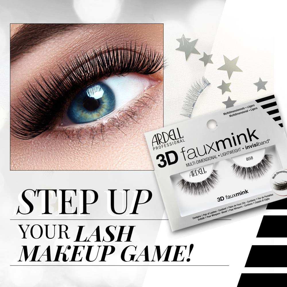 Ardell False Eyelashes 3D Faux Mink Lashes, 858 - Lightweight Reusable Strip Lashes with Invisiband, Ultra-Fluffy Volume for a Dramatic Eye Look, 4