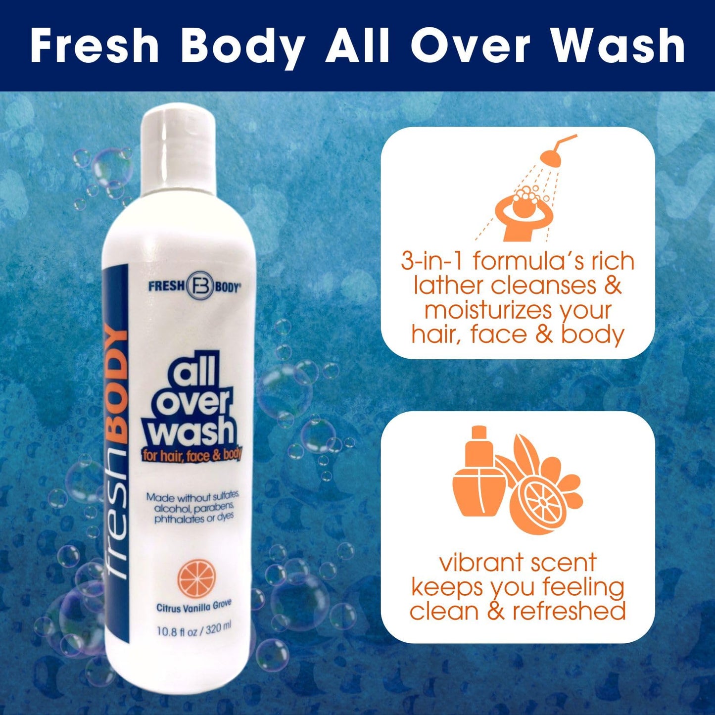 Fresh Body All Over Wash Travel Size Body Wash & Shampoo for Men & Women (3 Pack) - Citrus Vanilla Grove Shower Gel for Hair, Face & Body, 3.4oz - No Beauty & Personal Care Fresh Body FB