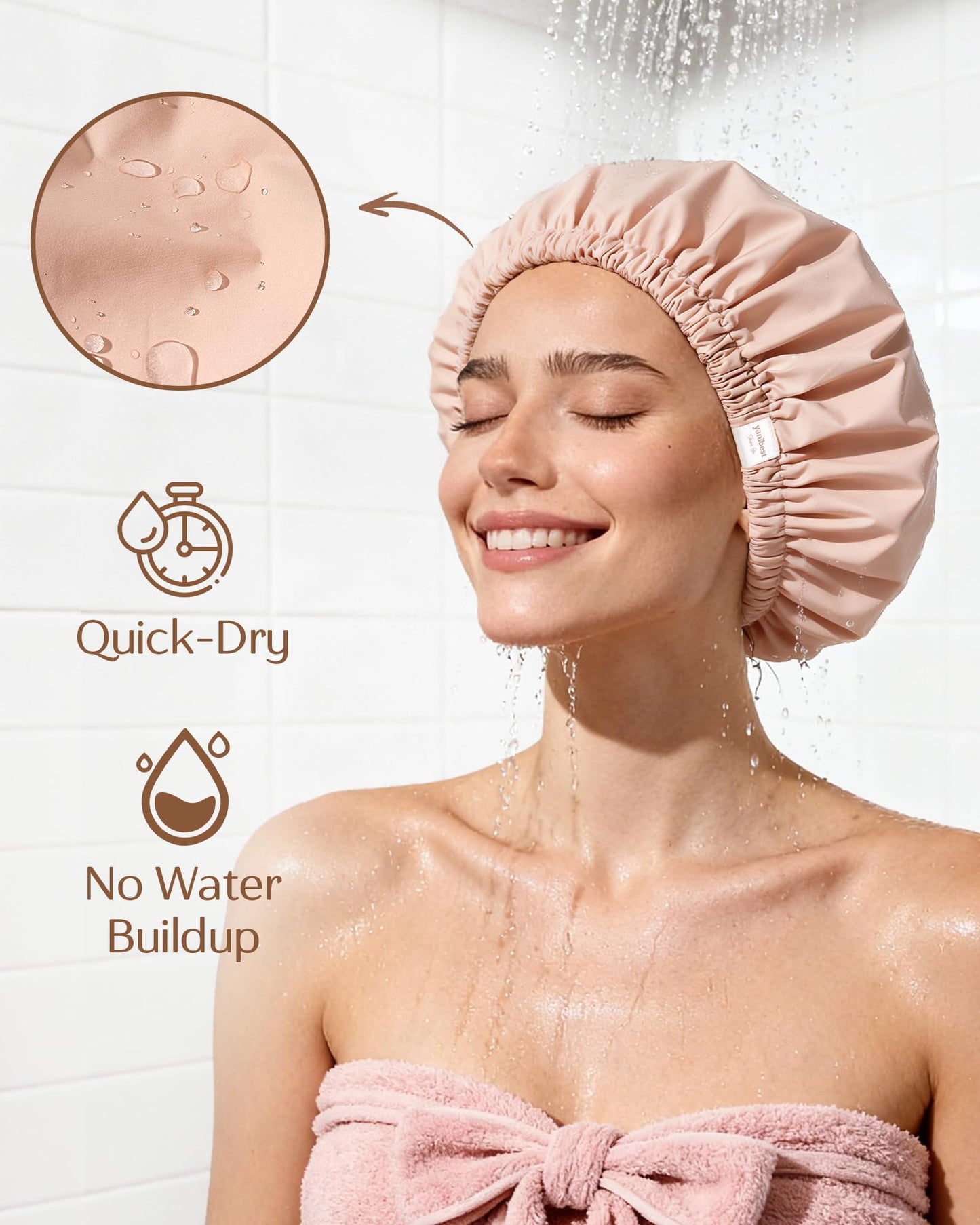 Yanibest Satin Lined Shower Cap for Women Reusable Waterproof, Frizz Free & Large Bath Cap with Soft Elastic Band, Luxury Hair Protection Caps (Peachy Beauty and Personal Care YANIBEST