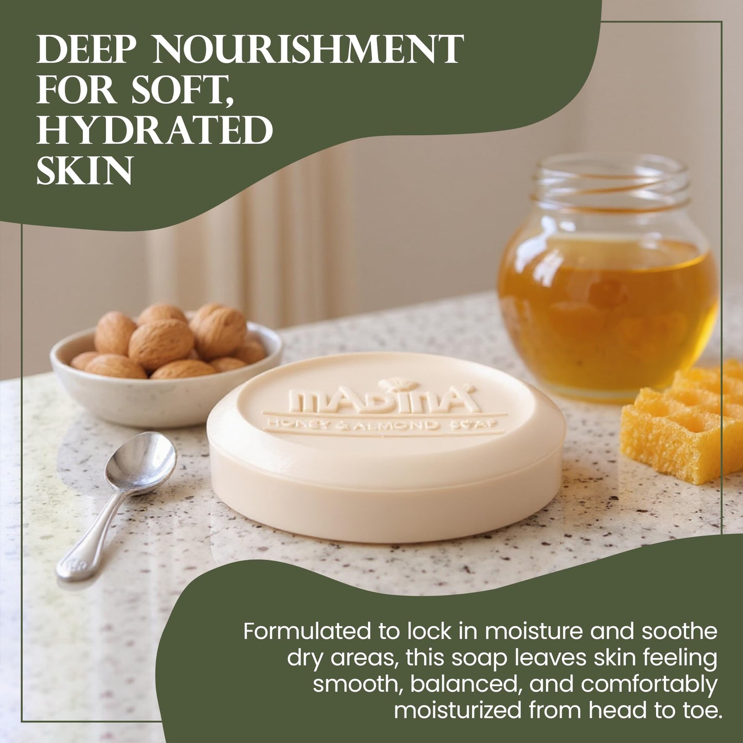 Madina Honey & Almond Soap Bar - Moisturizing, Nourishing, Sweet Almond Oil, Honey, Cocoa Butter, Aloe Vera, 100% Vegetable-Based, Halal Certified, 6 Beauty & Personal Care Madina