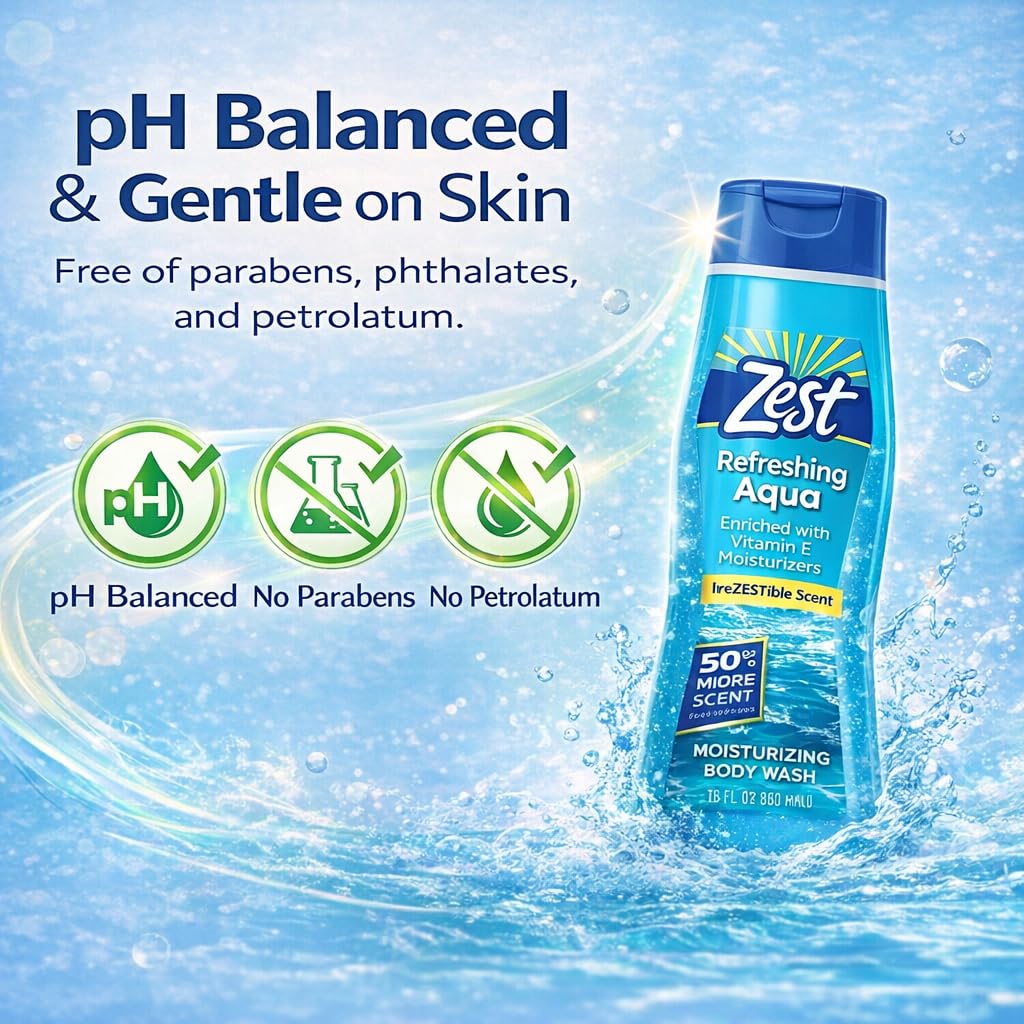 Zest Hydrating Body Wash - Aqua - Moisturizing Body Wash for Men and Women - Bath Soap with Vitamin E - Gentle Paraben Free Formula - 18 oz. Beauty & Personal Care Zest