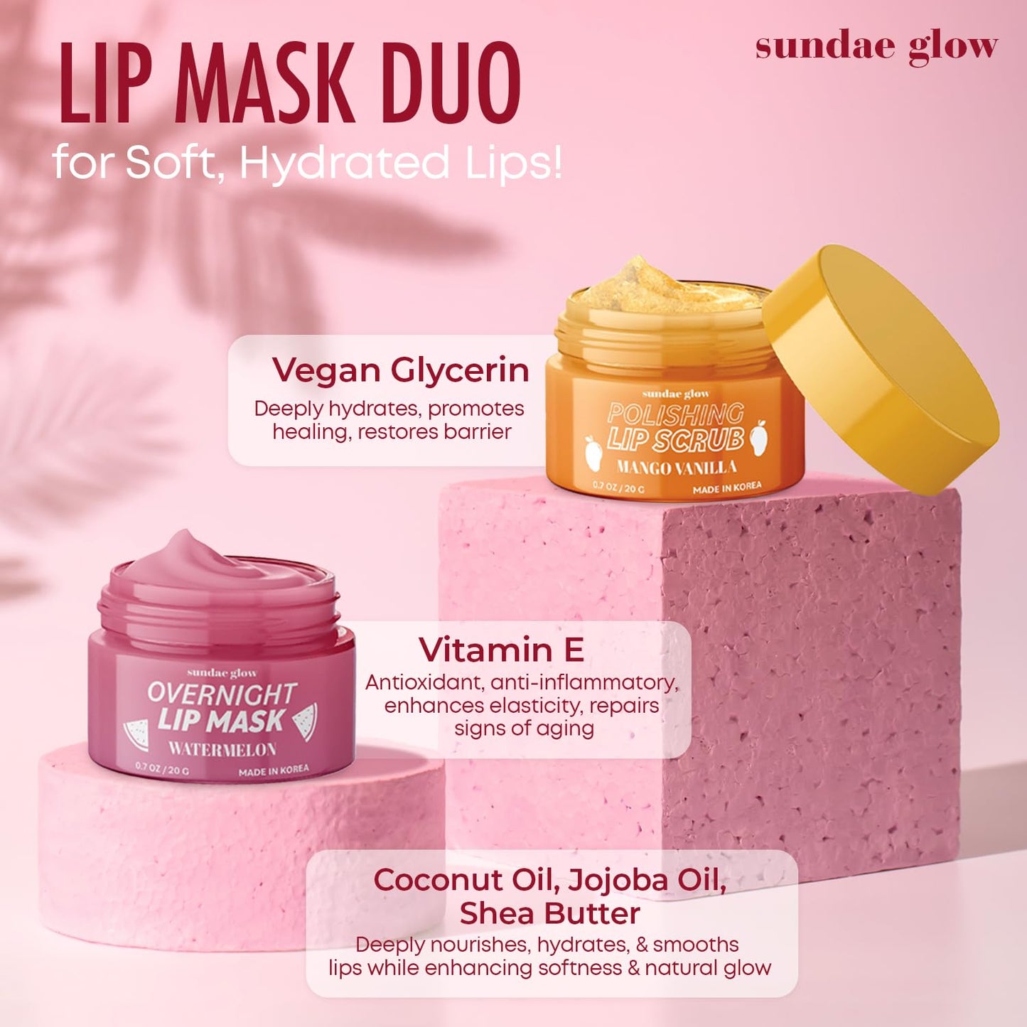 Sundae Glow Lip Mask & Scrub - Watermelon, Mango & Vanilla - Hydrates, Exfoliates, Softens & Repairs Dry, Cracked Lips - Dermatologist Tested, Korean Beauty and Personal Care Sundae Glow