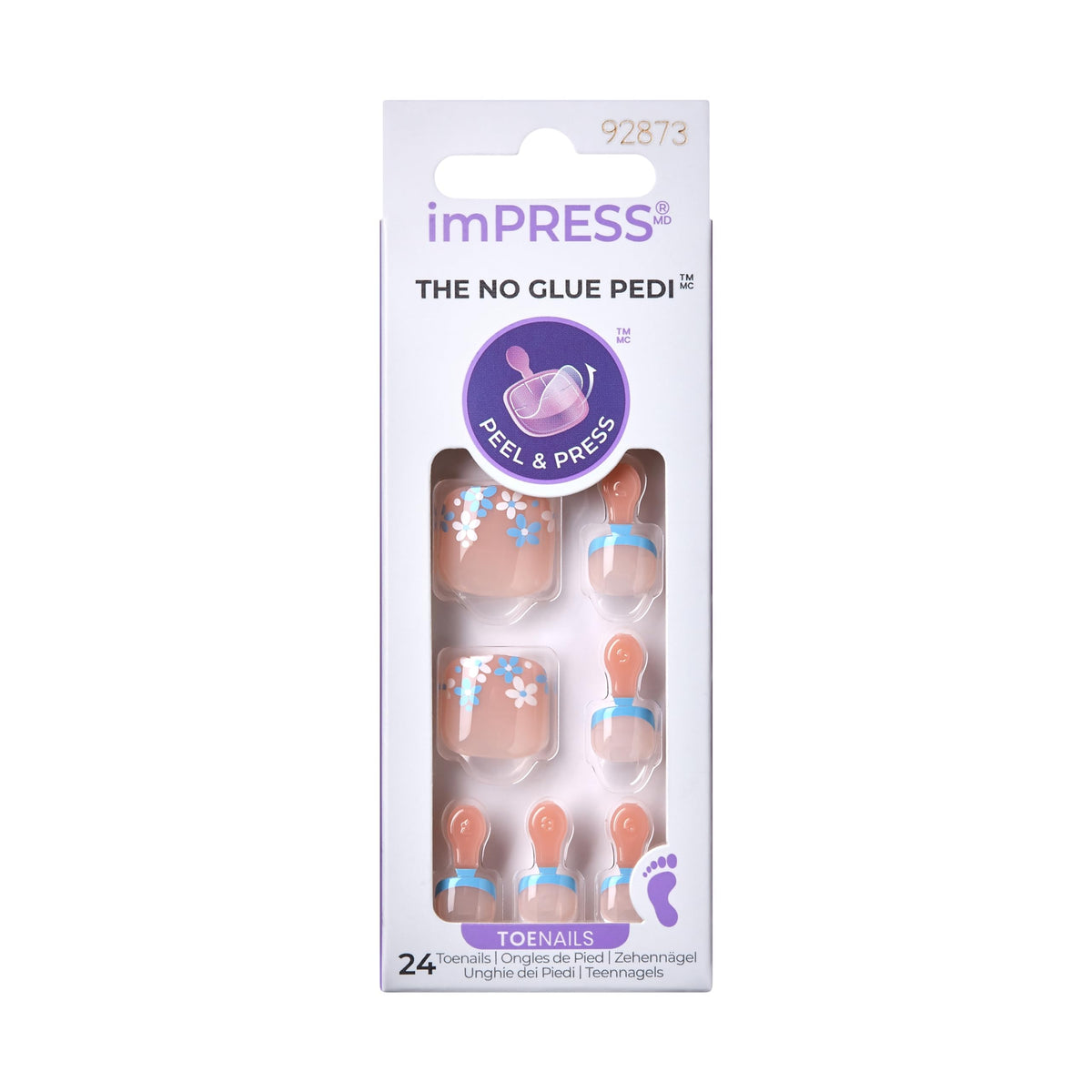 Kiss Impress No Glue Pedi Press-On Nails, Design, 'Paradise Ticket', Light Beige, Short Size, Squoval Shape, Includes 24 Nails, Prep Pad, Instructions