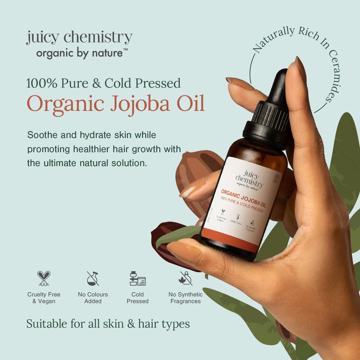 Juicy Chemistry Organic Jojoba Oil, 30 Ml Pure, Cold Pressed & Virgin Carrier Oil For Skin, Hair & Cuticles Naturally Rich In Vitamin E & Ceramides Beauty & Personal Care Juicy Chemistry