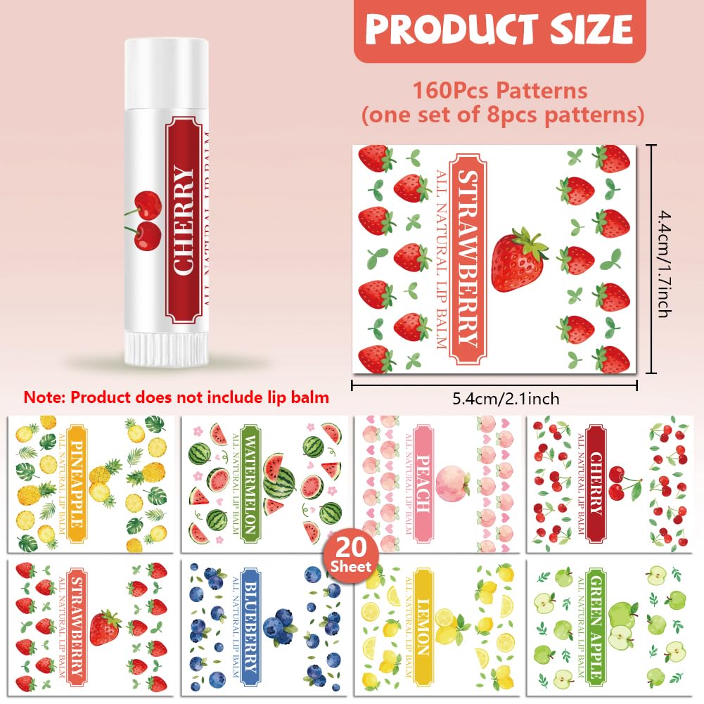 Peacoblue 160Pcs Lip Balm Labels Sticker for Tubes 2.1"x1.7" Colorful Fruits, 8 Styles Waterproof Chapstick Labels Glossy for Homemade Lip Balm Beauty and Personal Care peacoblue