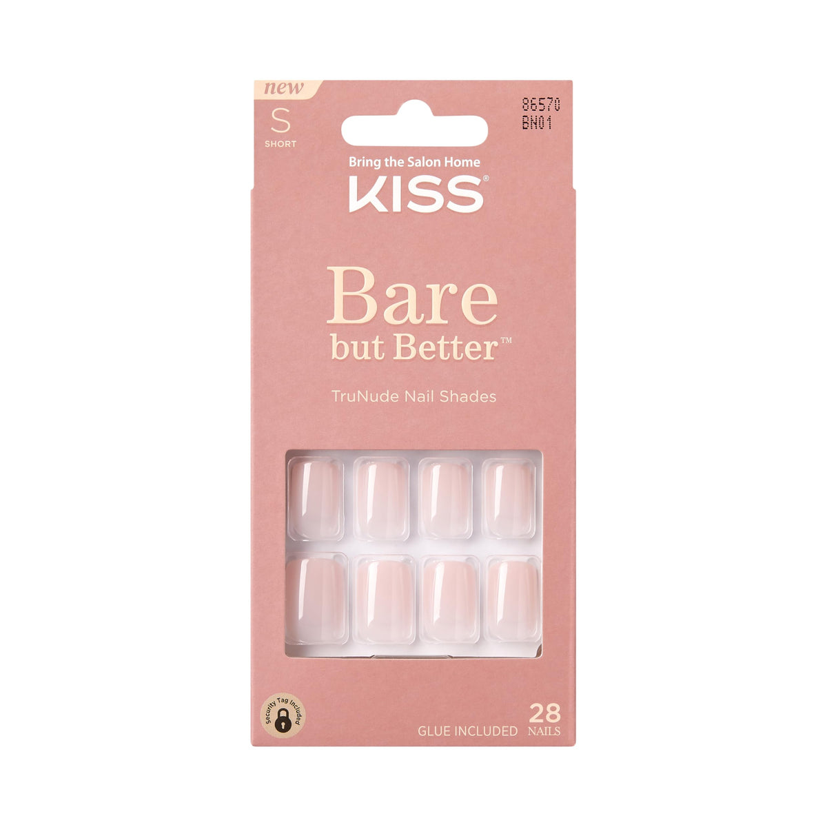 KISS Bare but Better Press On Nails, Glossy Pink, Short Length, Square Shape, 28 Fake Nails, Pink Gel Nail Glue Net Wt. 2g (0.07 Oz.), Mini Nail File
