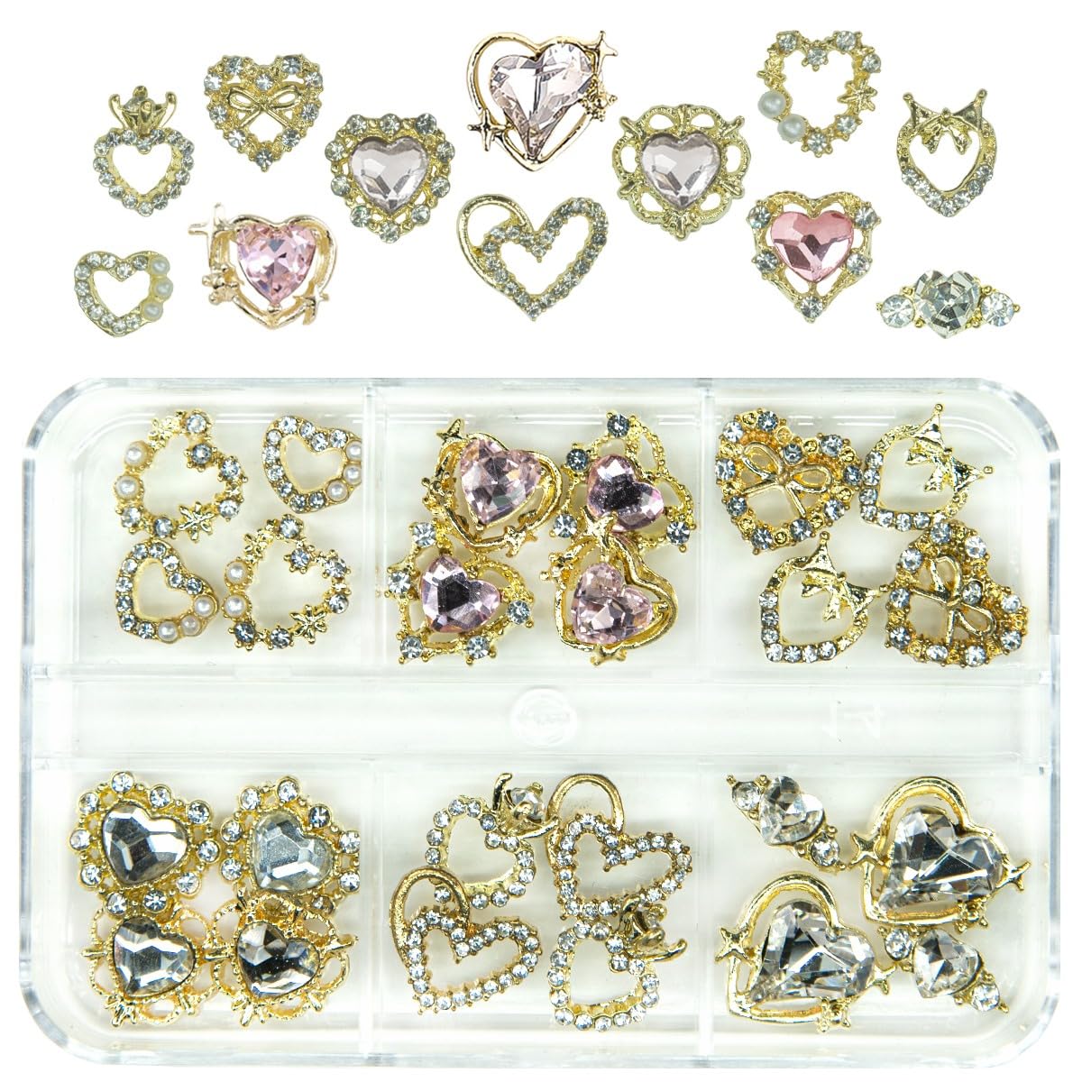 24pcs Heart Nail Charms Luxury Alloy Charms for Nails, qiipii 12 Pair 3D Gold Nail Art Rhinestones Nail Gems Golden Nail Crystal Diamonds Jewelry