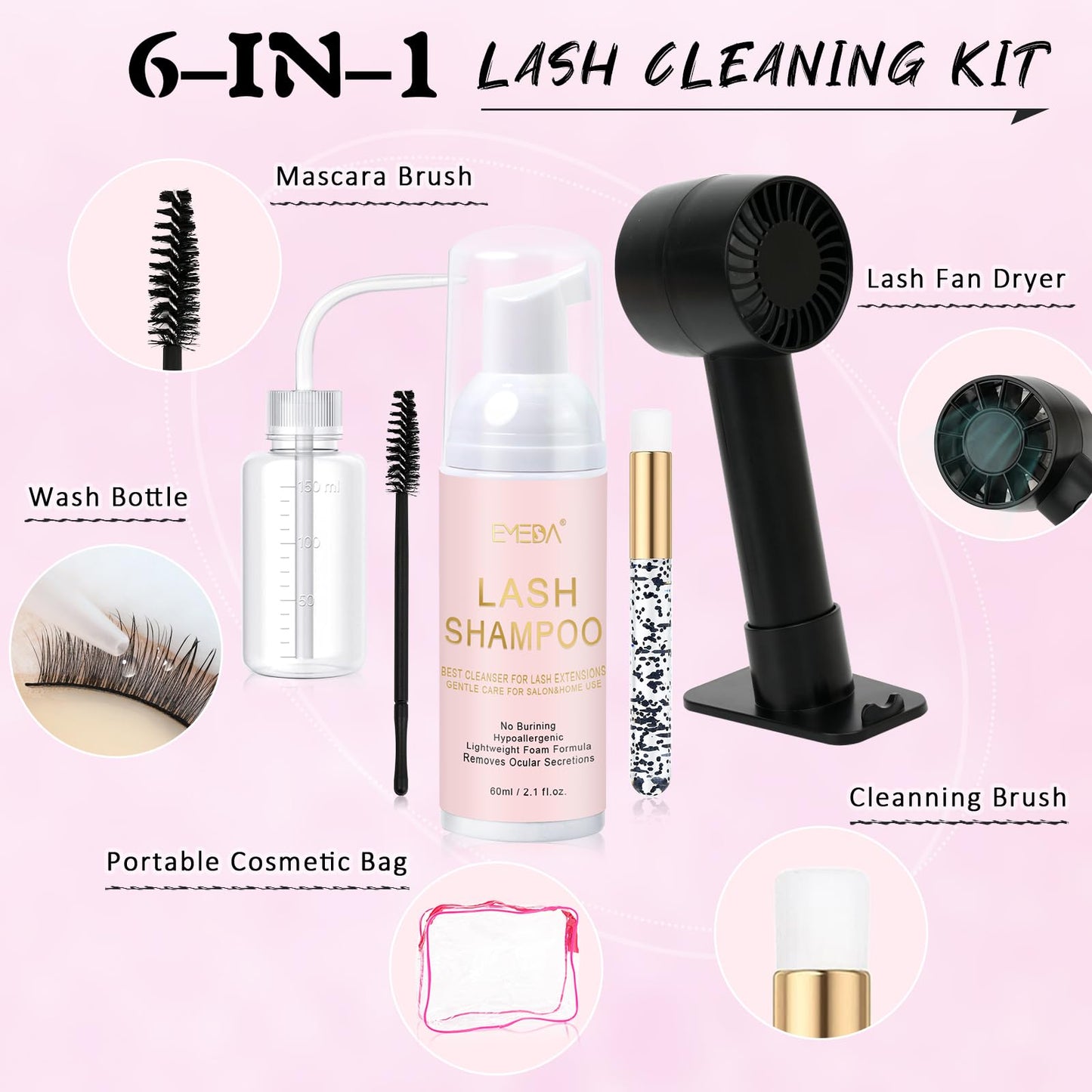 EMEDA Lash Shampoo Kit 2.02 fl oz Lash Cleaning Kit with Rechargeable Fan Dryer/Brush/Rinse Bottle, Oil-free Cleanser Wash for Extensions & Clusters Beauty and Personal Care EMEDA