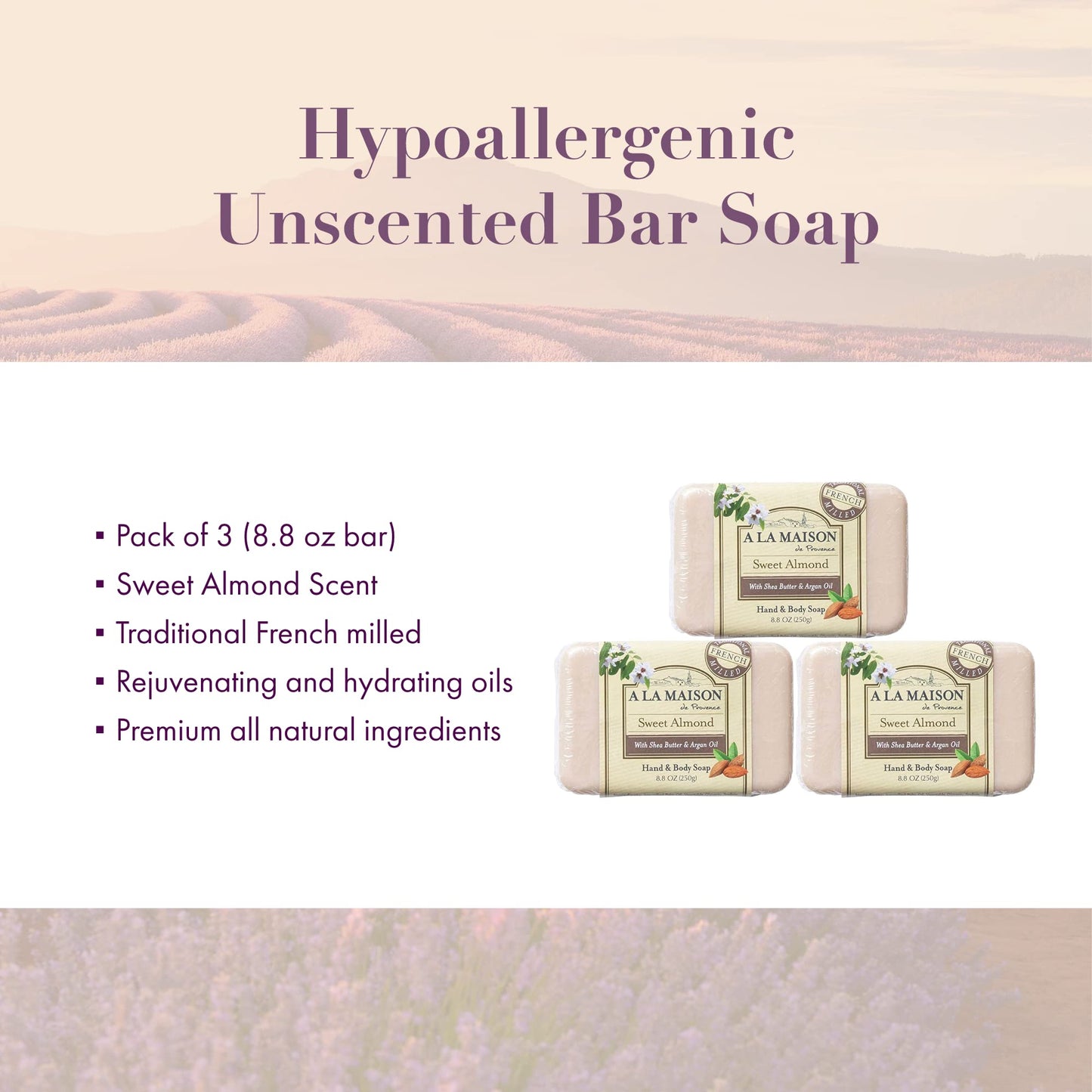 A LA MAISON Triple French Milled Bar Soap, 8.8 Ounces - Natural Moisturizing Hand Soap Bar (3 Bar of Soap, 8.8 Ounces, Sweet Almond) Beauty & Personal Care A LA MAISON
