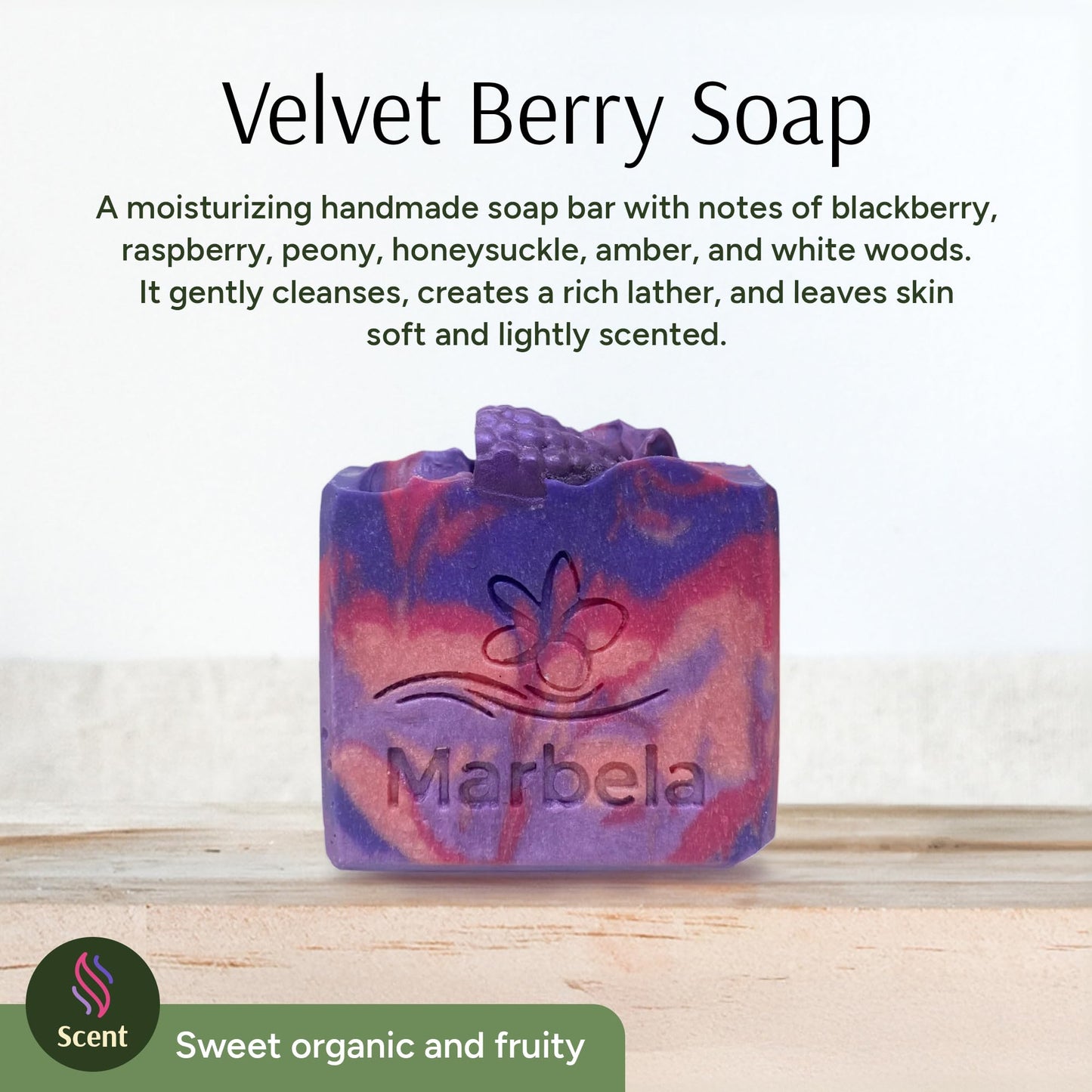 Marbela Cosmetics Velvet Berry Handmade Soap Bar - Hydrating Sweet Fruity Body Soap for Soft Skin, Face & Hands - Vegan Cruelty Free Artisan 3.5 Oz Beauty & Personal Care Marbela