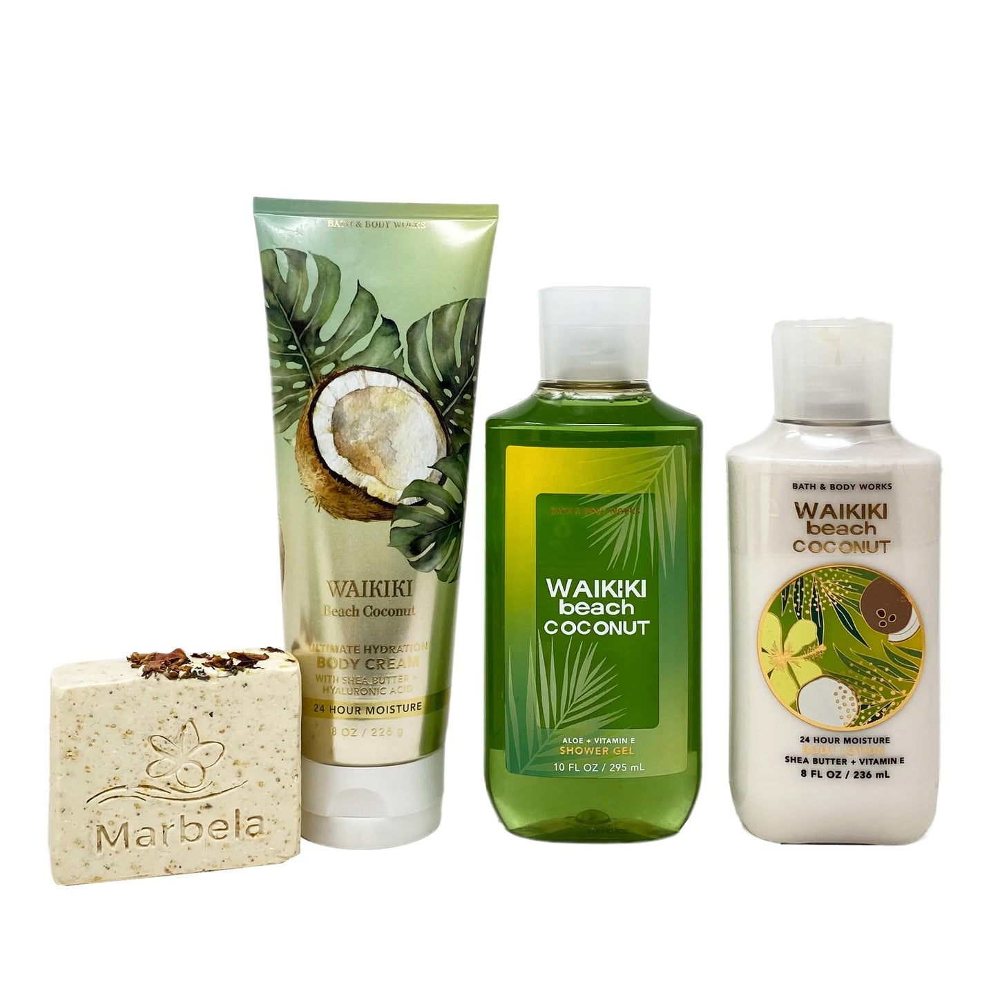Bath & Body Works Waikiki Beach Coconut 3 Piece Set - Body Cream - Shower Gel - Body Lotion - with a Creamy Rose Bar Soap - Full Size Beauty and Personal Care Bath & Body Works