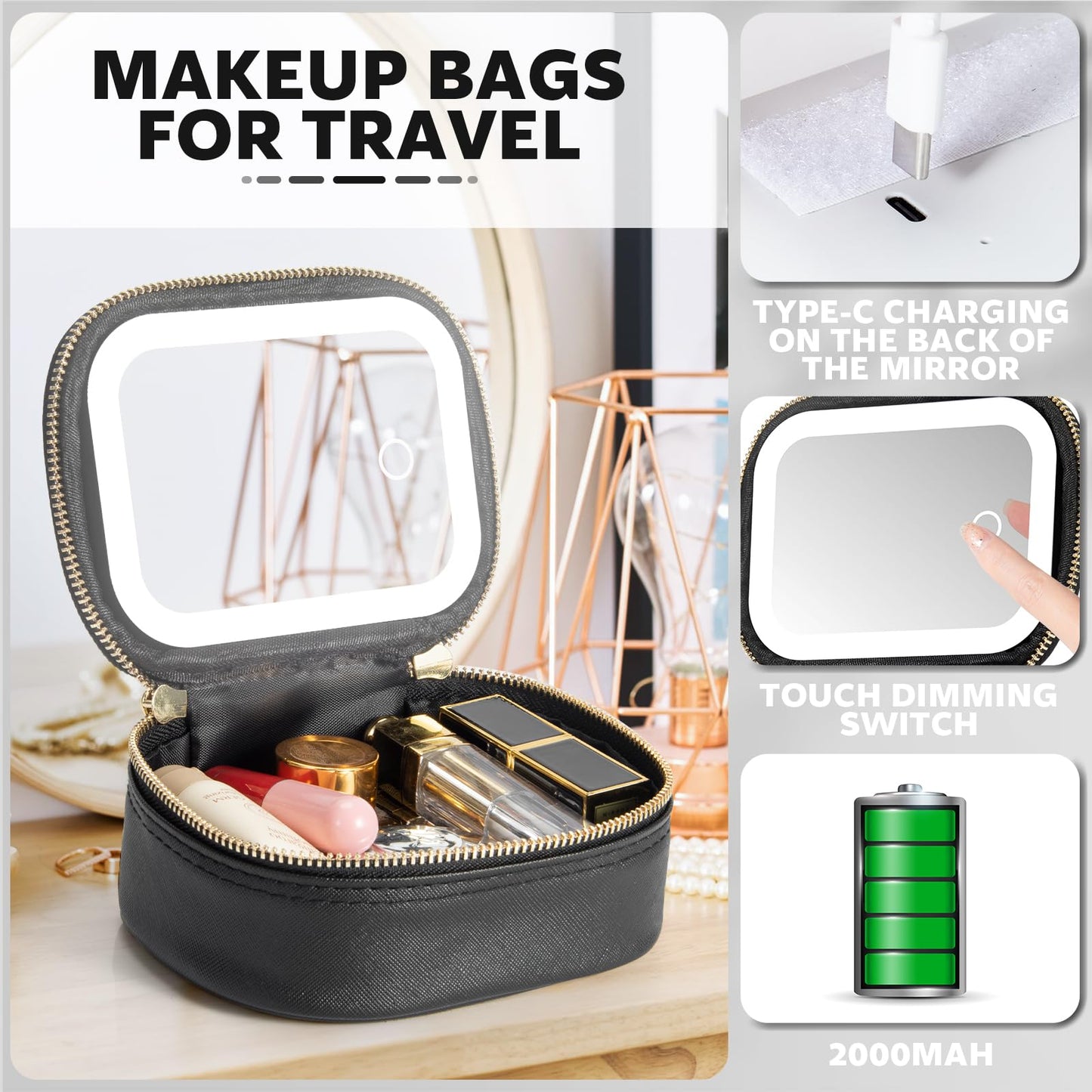 Mini Makeup Bag with Led Mirror, Small Travel Make up Bag 3 Light Modes Adjustable Brightness, for Women Organizer Cosmetic Bag, Portable Travel Train Beauty and Personal Care Extrei Gent
