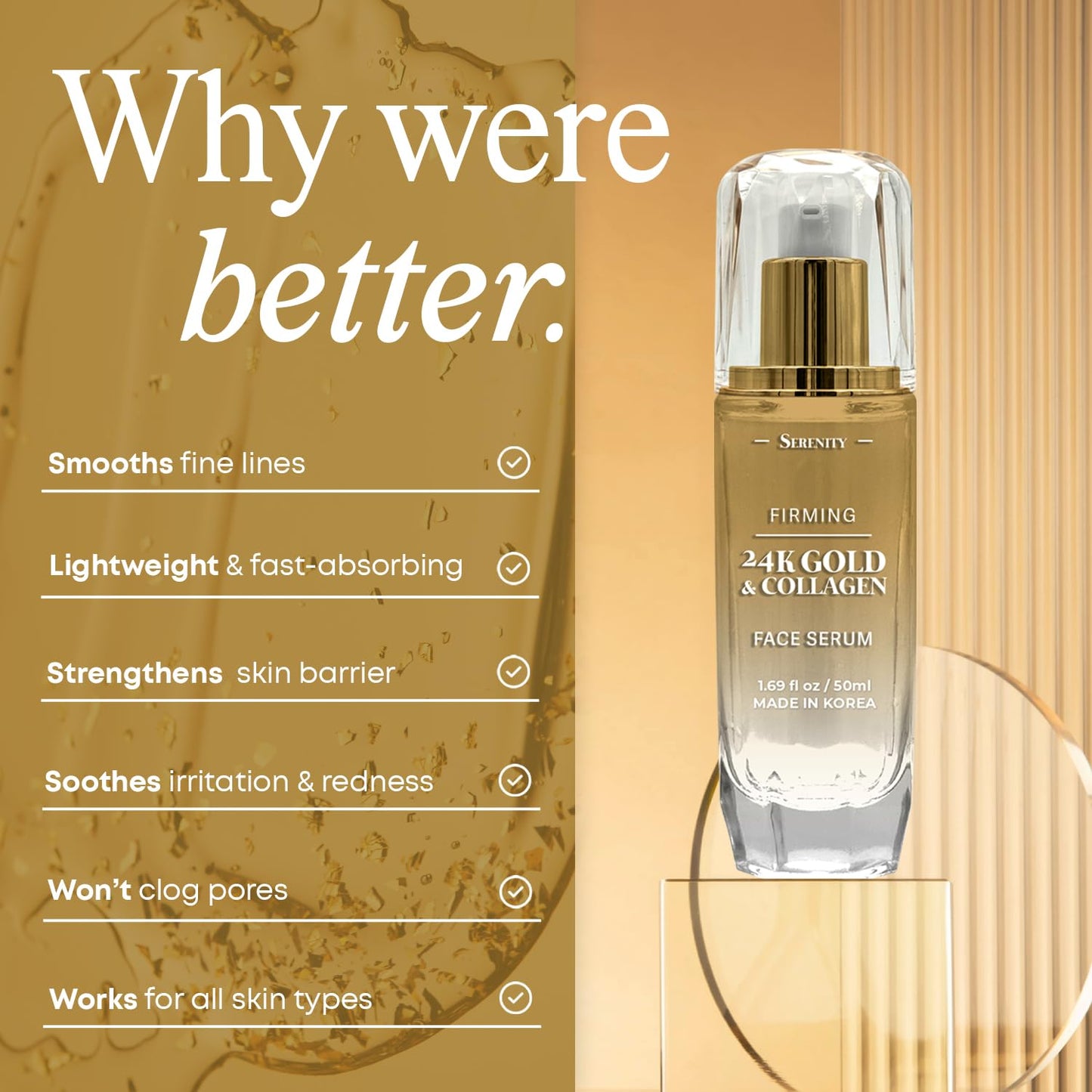 Serenity Dew 24K Gold & Collagen Face Serum - Dermatologist Tested Anti-Aging Korean Skin Care - Calms, Soothes, Hydrates & Firms Skin - Vegan Clean Beauty & Personal Care Serenity