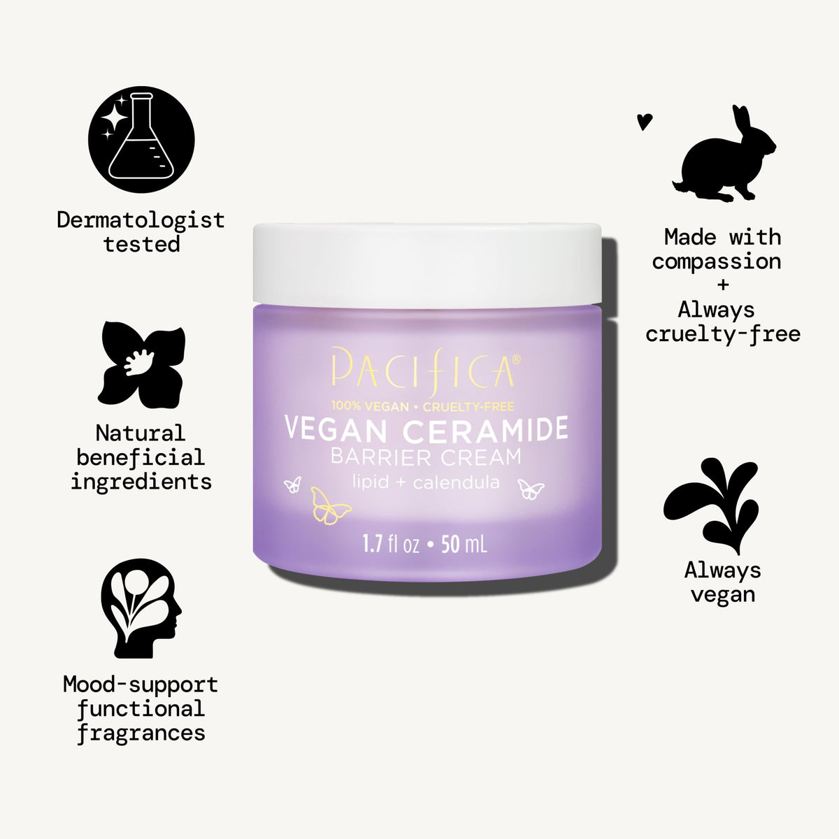 Pacifica Face Cream - Vegan Ceramide Barrier Cream w/Niacinamide & Shea Butter - Hydrating Daily Face Moisturizer Fragrance Free for Sensitive Skin Beauty & Personal Care Pacifica