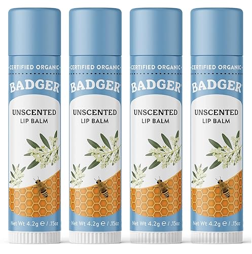 Badger Unscented Classic Lip Balm, 100% Organic Lip Balm for Sensitive Lips, Long Lasting Lip Moisturizer w/Light Silky Texture, 4 Pack Beauty & Personal Care Badger