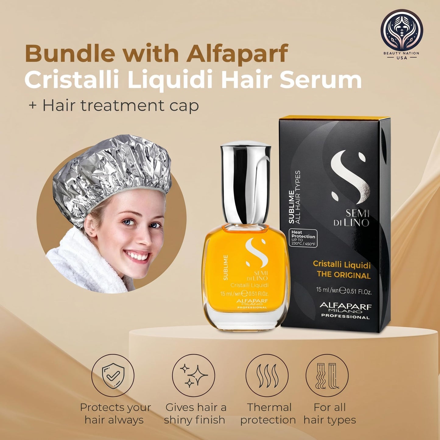 Alfaparf Sublime Cristalli Liquidi Hair oil serum Bundle with Beauty Nation treatment cap, sulfate free and vegan formula, Hair heat protectant 15ML Beauty & Personal Care Beauty Nation USA