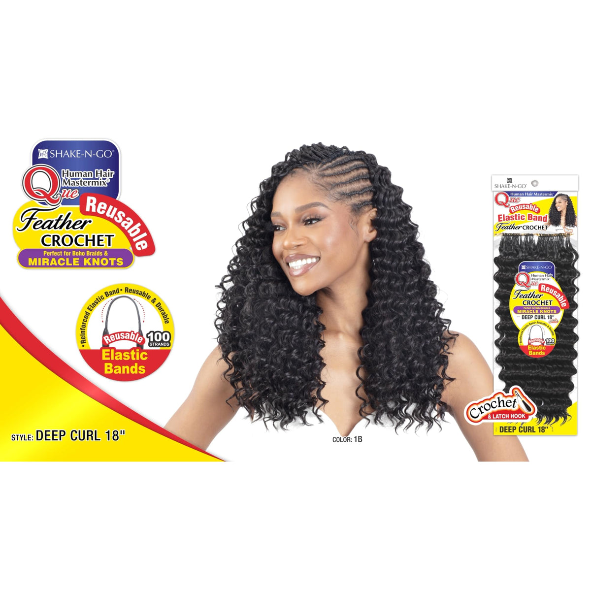 Shake-N-Go Que Hair extension - Human-hair-blend Mircale knots Feather crochet - Deep curl 18" (530)