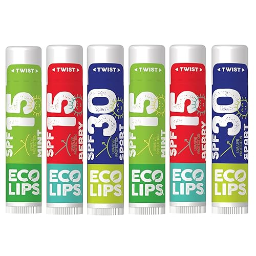 Eco Lips Classic Variety Broad Spectrum Sunscreen Lip Balm 6-Pack (Berry, Sport, Mint) - 100% Plastic-Free Plant Pod Packaging - Made in USA Beauty & Personal Care Eco Lips
