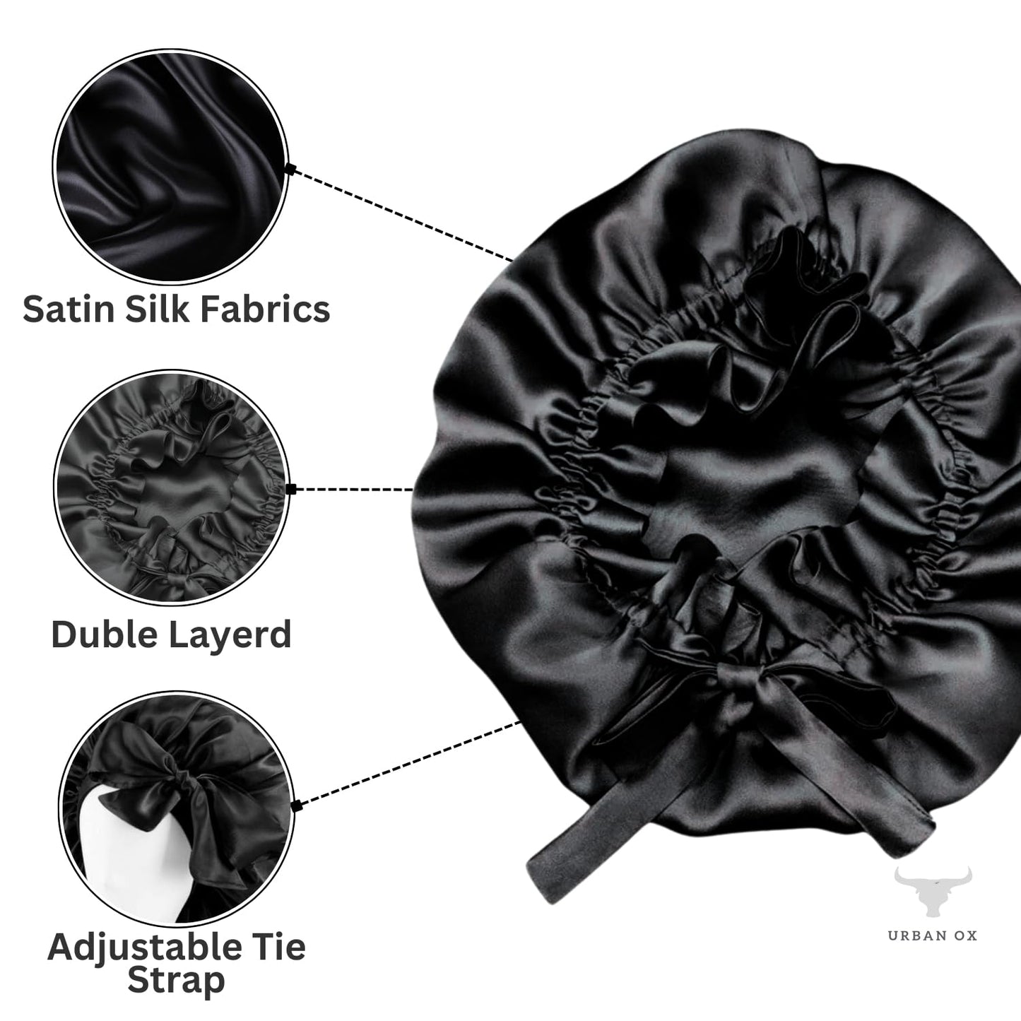 URBAN OX Silk Satin Hair Bonnet for Sleeping, Hair Ties for Women, Girls, Long Hair, Black, Free Size Beauty and Personal Care URBAN OX