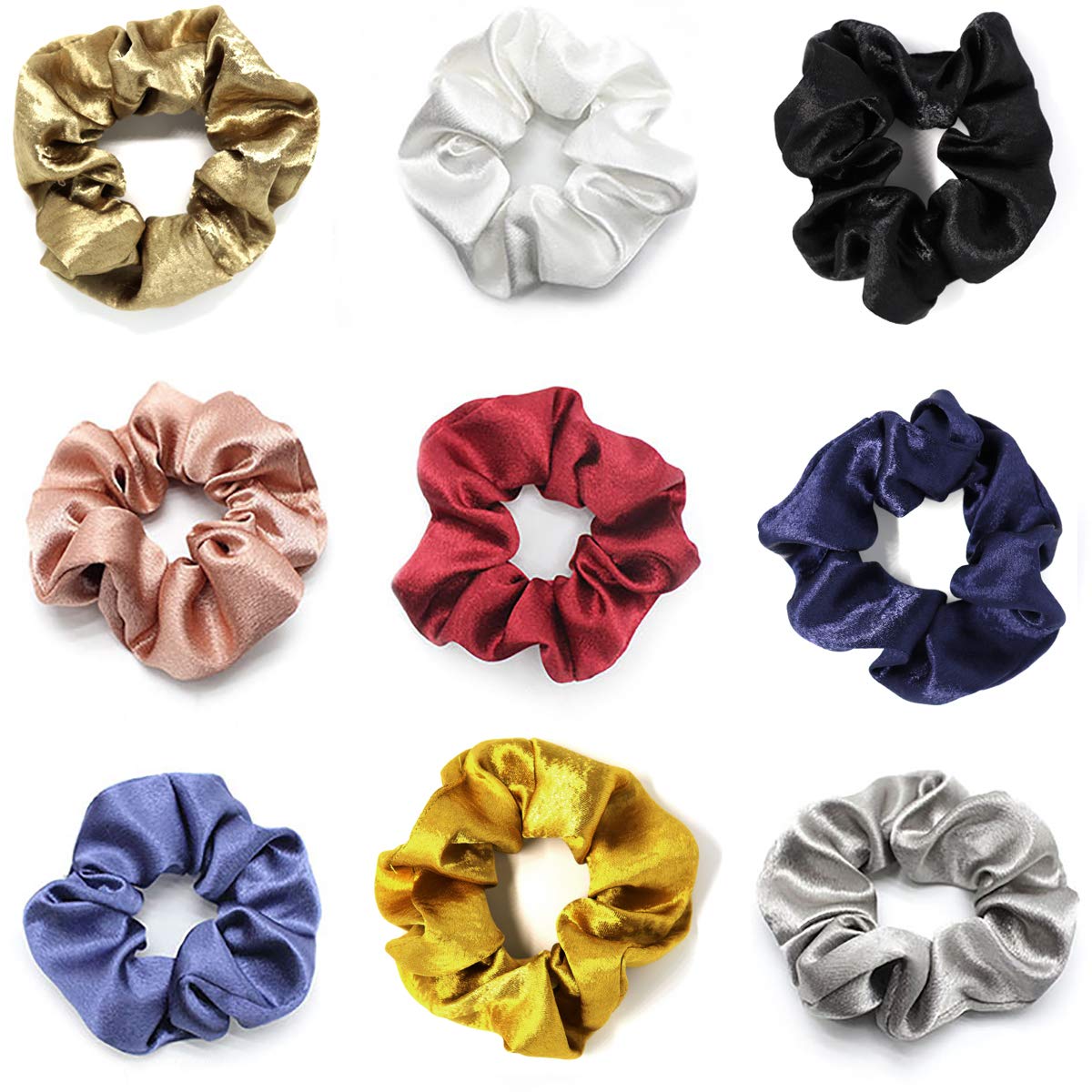 OCheng 9Pcs Silk Satin Hair Scrunchies Metallic Gold Silver Grey Scrunchie Hair Bobbles Ponytail Holder Brown Black Scrunchy Ropes Strong Elastic Hair