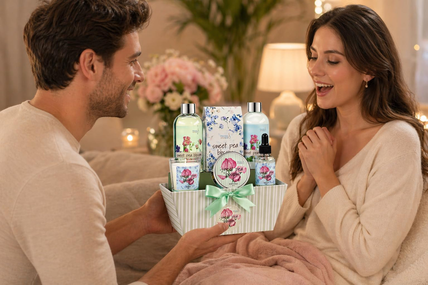 Sweet Floral Blossom Spa Gift Basket for Women - Mother’s Day Bath & Body Gift Set with Shower Gel, Body Lotion, Body Oil, Bath Salts & Candle - Self Beauty and Personal Care Freida and Joe