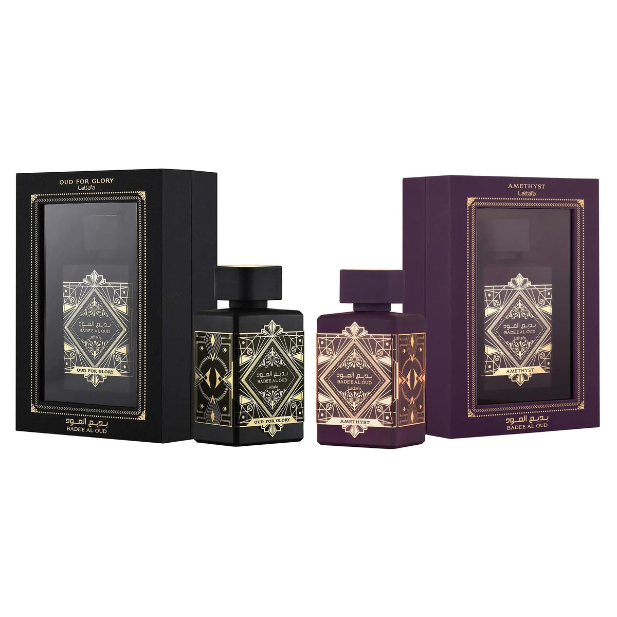 Lattafa Bade'e Al Oud 2-Piece Set for Unisex, (3.4 Oz Amethyst Eau De Parfum Spray + 3.4 Oz Oud for Glory Eau De Parfum Spray) Beauty & Personal Care Lattafa