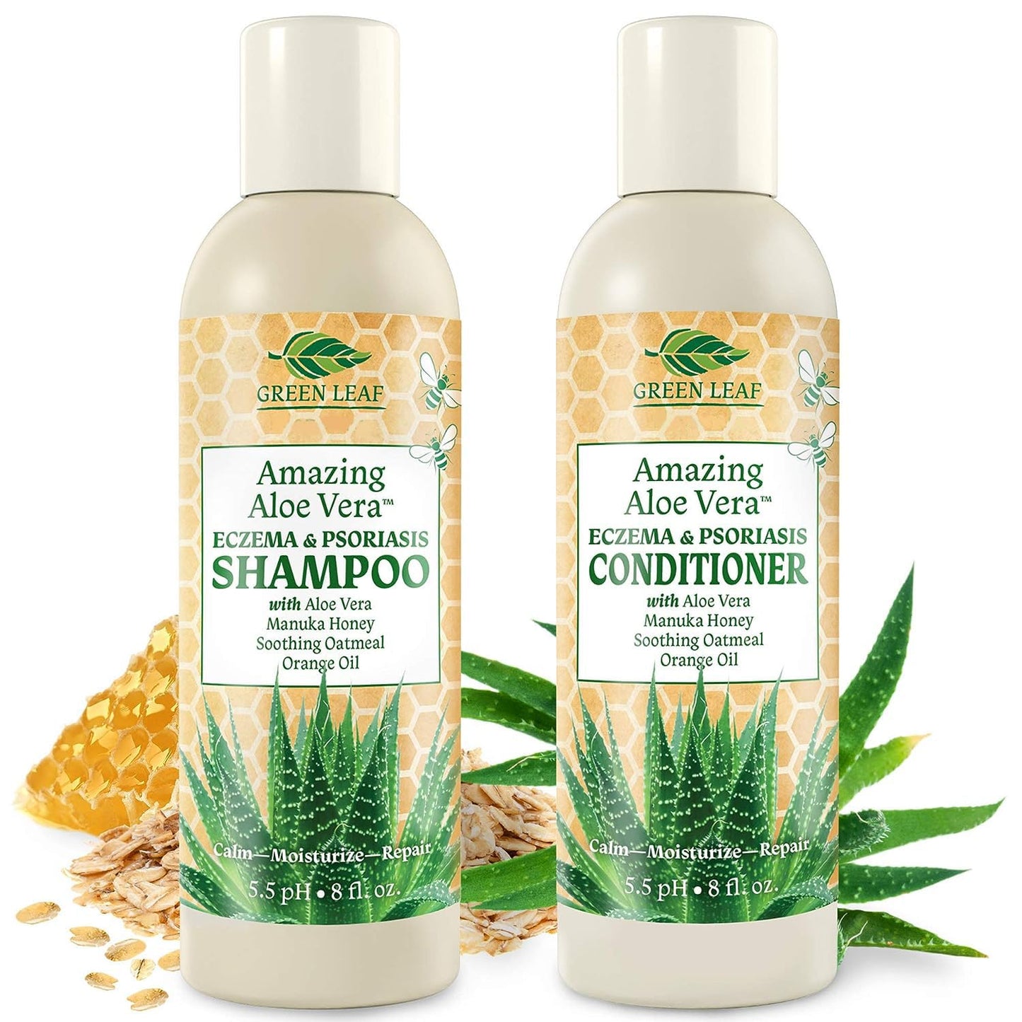 Eczema & Psoriasis Shampoo & Conditioner Set For Men & Women (2 Pack)-Aloe Vera & Manuka Honey for Gentle Itchy, Dry Scalp Treatment-Dandruff Beauty & Personal Care Green Leaf Naturals
