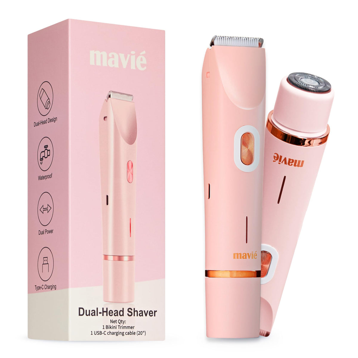 MAVIÉ Dual Head Bikini Trimmer for Women, Electric Razor for Face & Body, Painless Hair Removal Tool, Precision & Body Shaving Heads, Cordless Beauty and Personal Care MAVIÉ