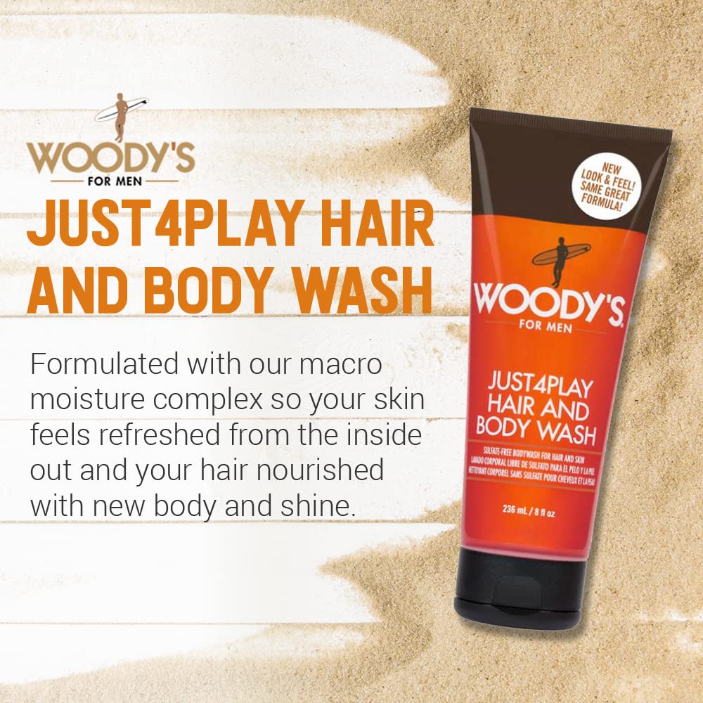 Woody's Just4Play Hair and Body Wash for Men - Sulfate-Free, Deep Cleansing, Hydrating, Fresh Scent, All-in-One Shower Gel, 8 fl oz Beauty & Personal Care Woody's