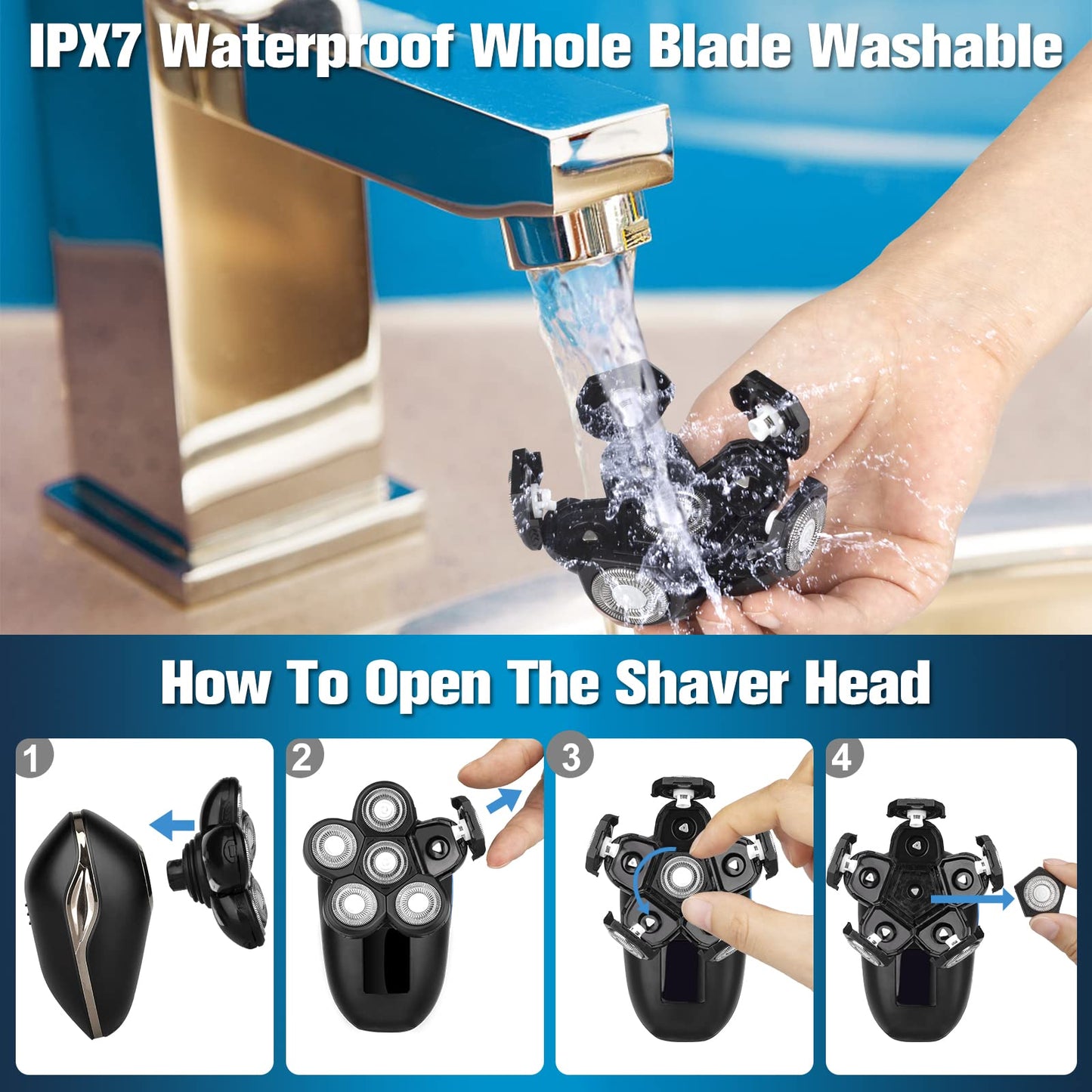 Head Shaver for Bald Men, 6-in-1 Electric Shaver for Bald Head 6D Wet/Dry Waterproof Mens Electric Razor Head Shavers with Grooming Kit Head Shaving Beauty and Personal Care Sakioo