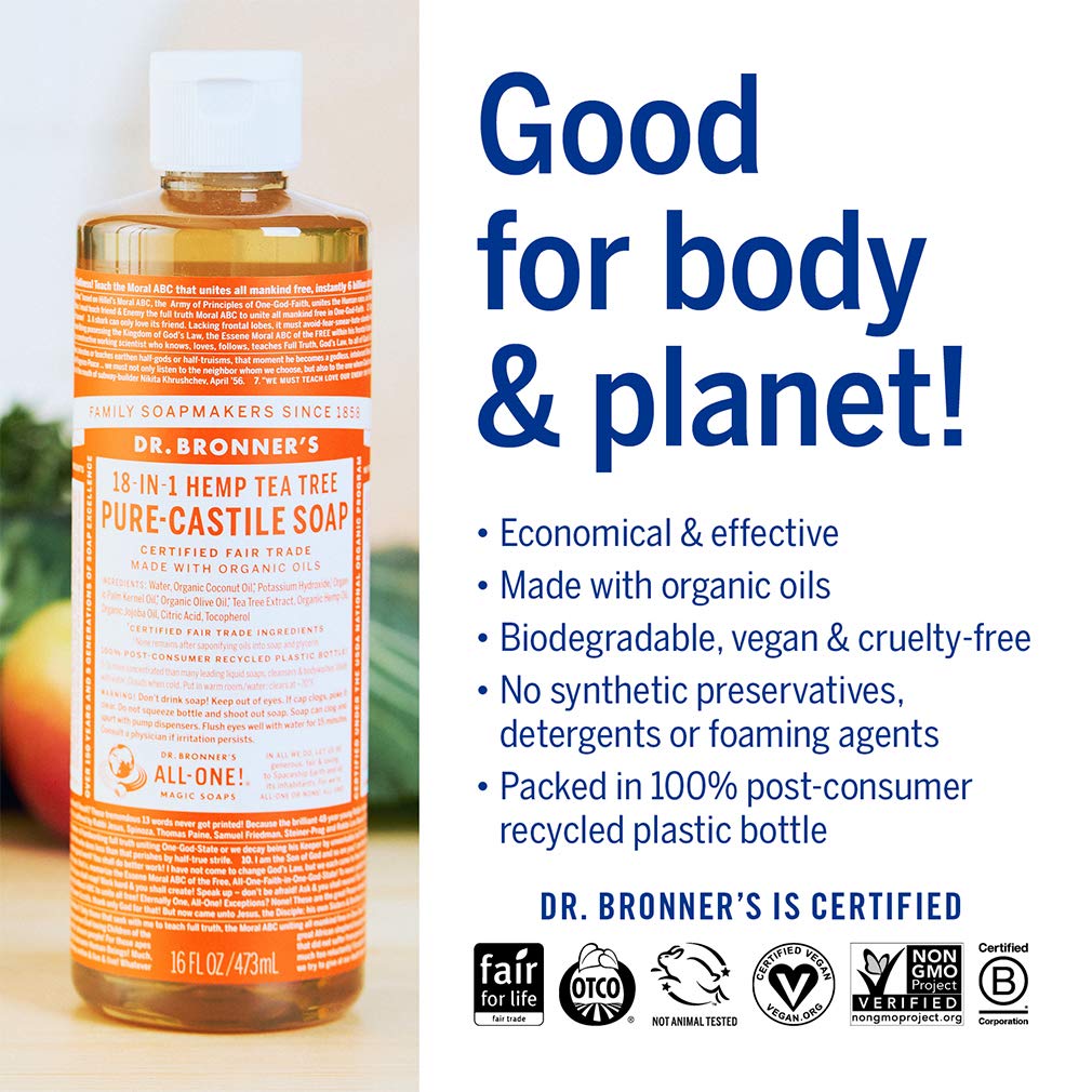 Dr. Bronner’s - Pure-Castile Liquid Soap (Tea Tree, 16 ounce) - Made with Organic Oils, 18-in-1 Uses: Acne-Prone Skin, Dandruff, Laundry, Pets Beauty & Personal Care Dr. Bronner's