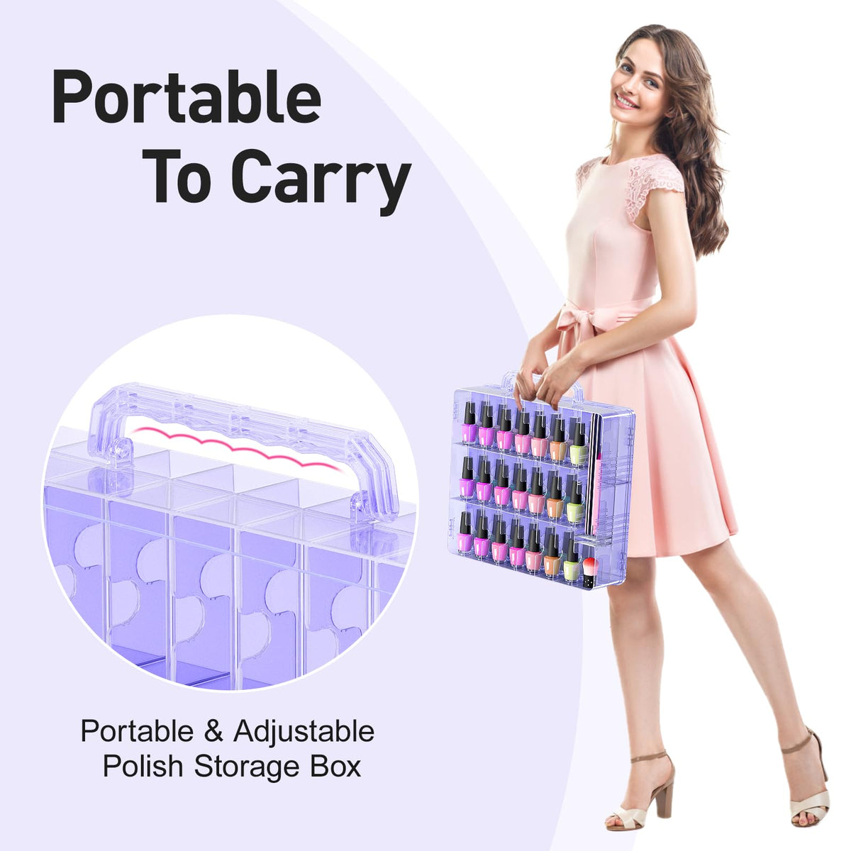 Beloving Nail Polish Organizer Case for 48 Bottles Nail Polish Holder with Adjustable Divider, Gel Nail Polish Storage Double Side Organizer Case