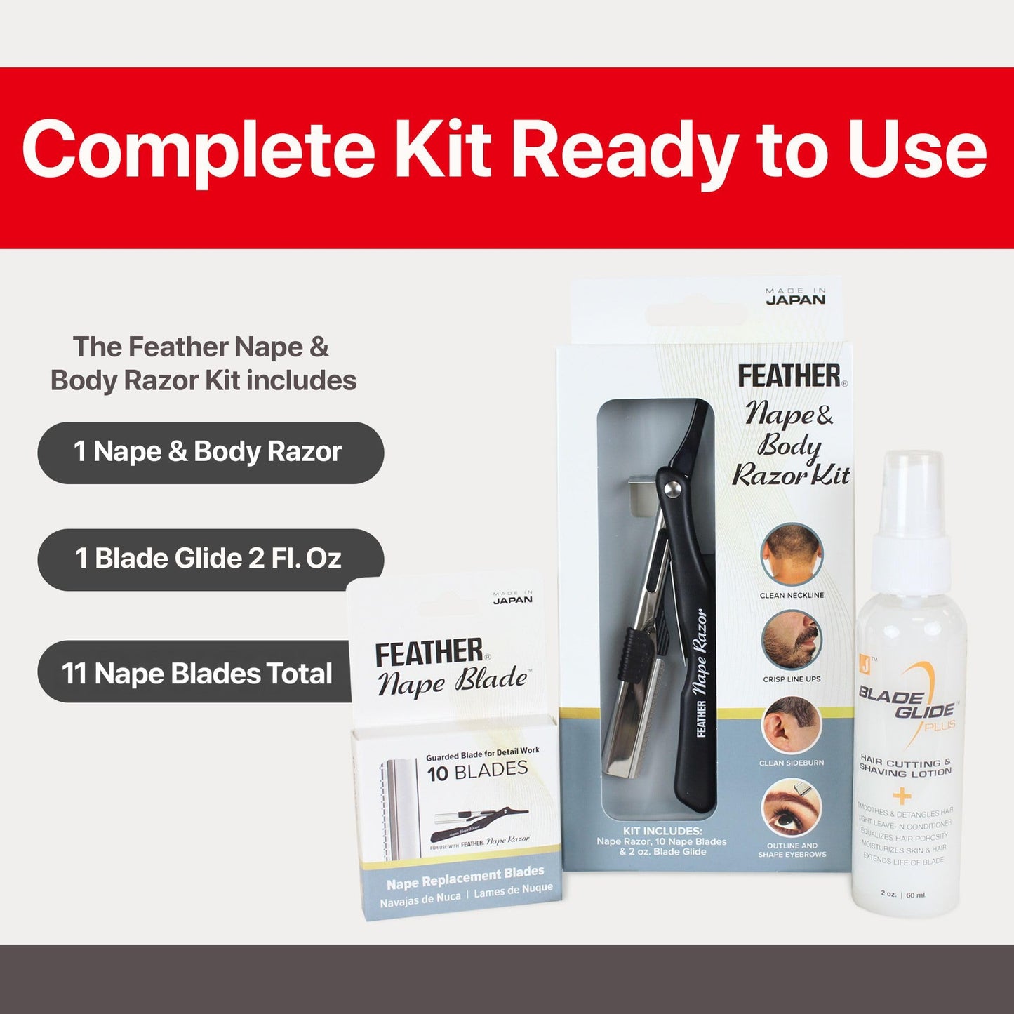 Feather - Nape and Body Razor Kit - Professional Use Hair Cutting Tool - Includes Nape Razor, 10 Nape Blades & 2 oz Blade Glide - Ideal for Nape Beauty and Personal Care Feather