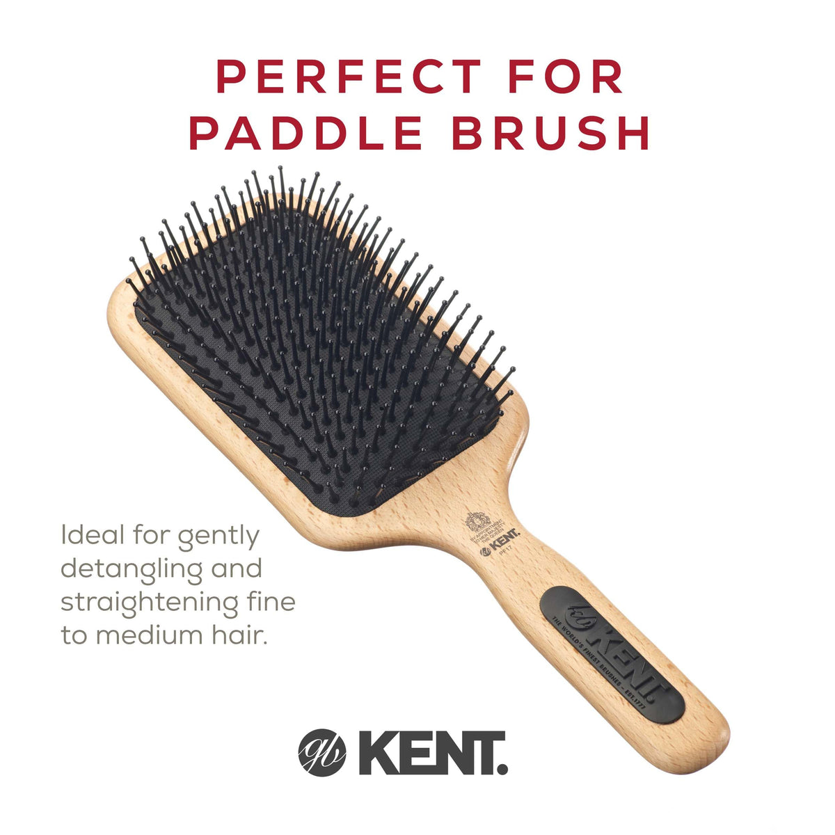 Kent PF17 Large Cushion Paddle Brush, Taming Fine Pins Hair - Detangling Long, Thick, Curly Hair, Scalp Massager, Growth Stimulator. Wet or Dry Use.
